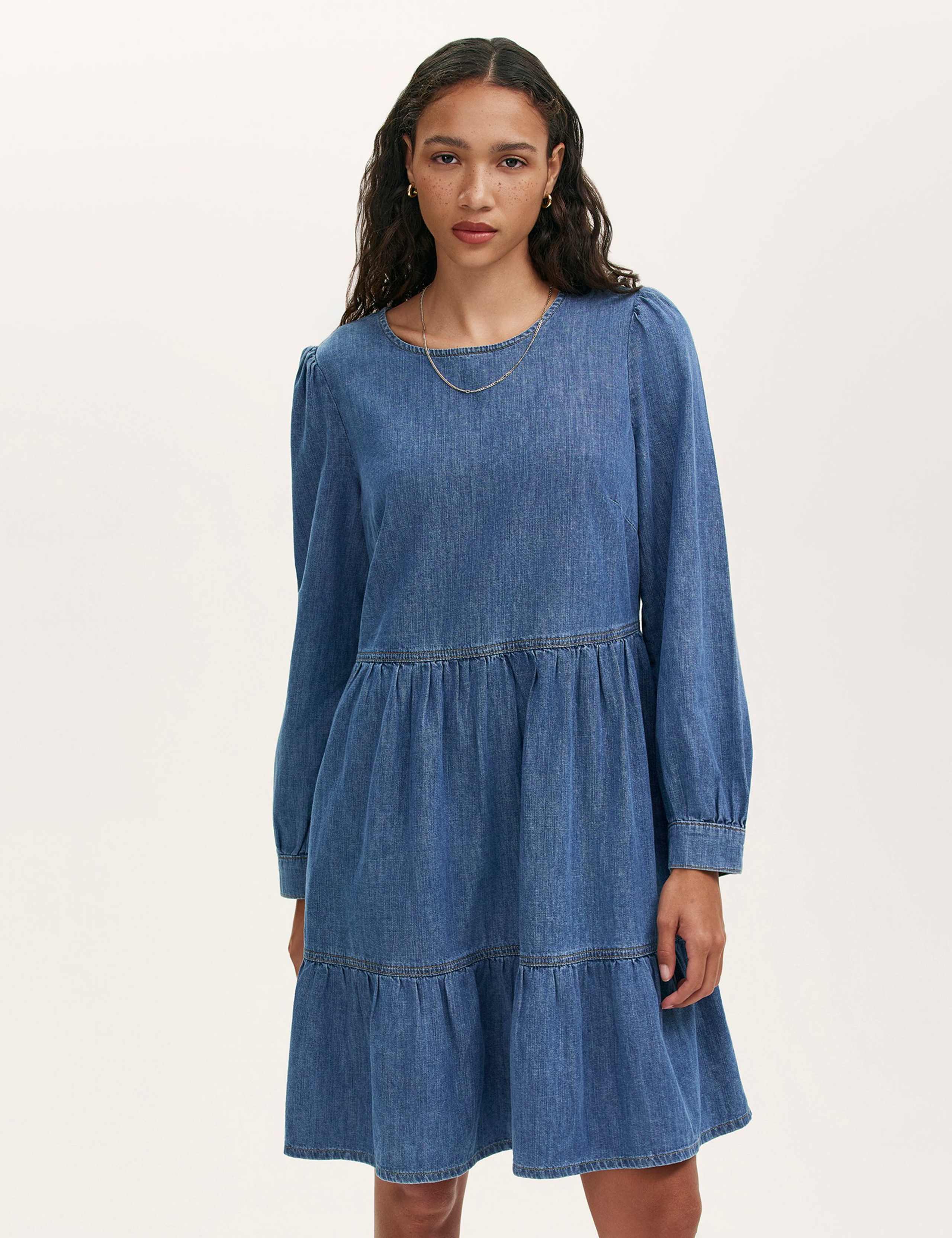 Denim Round Neck Midi Tiered Dress 3 of 4