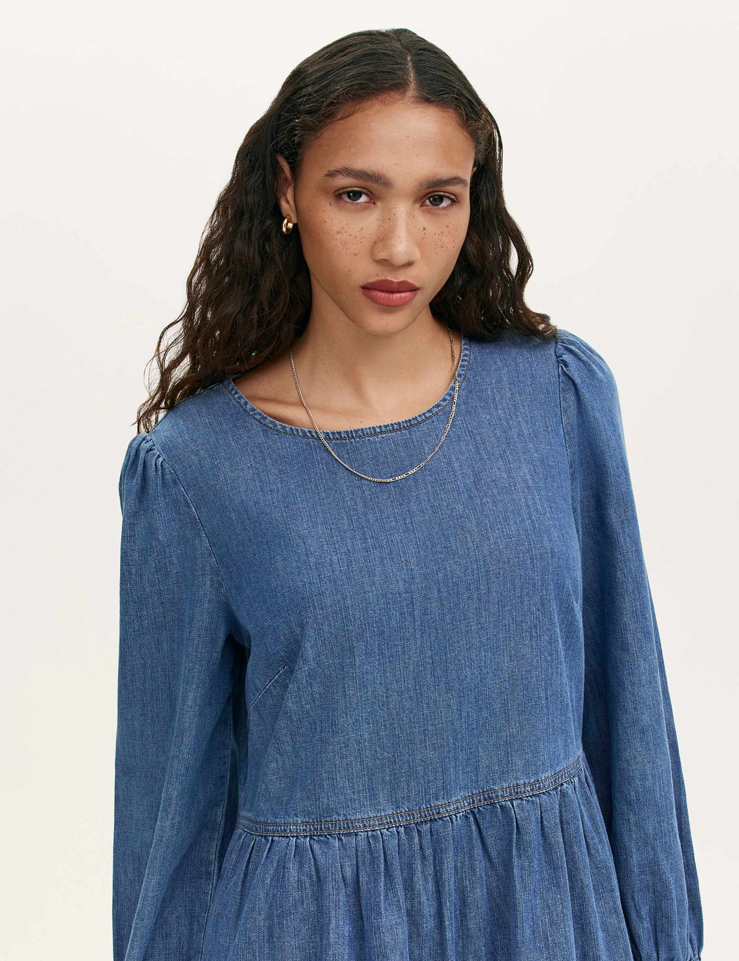 Denim Round Neck Midi Tiered Dress 4 of 4