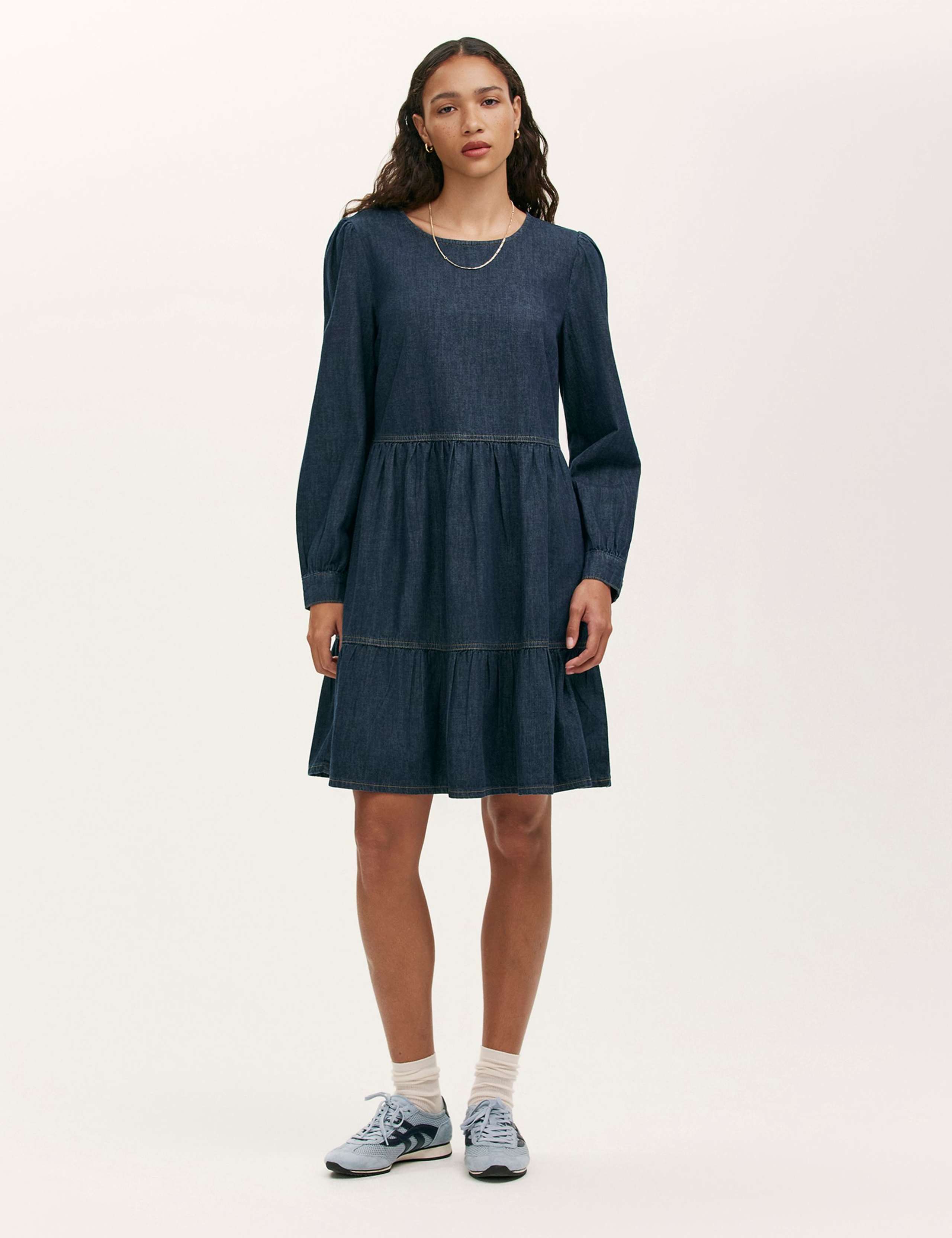 Denim Round Neck Midi Tiered Dress 1 of 5