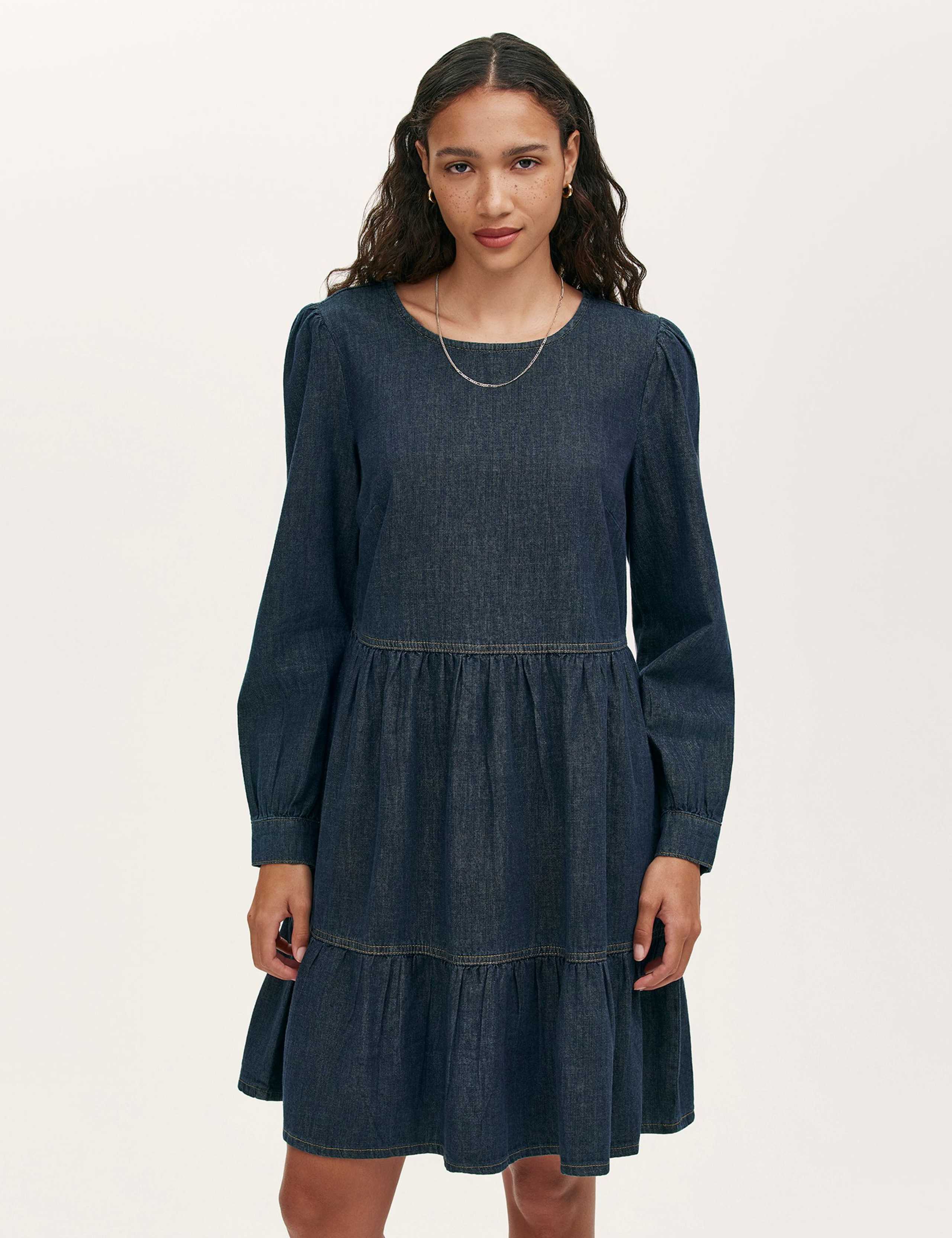 Denim Round Neck Midi Tiered Dress 2 of 5