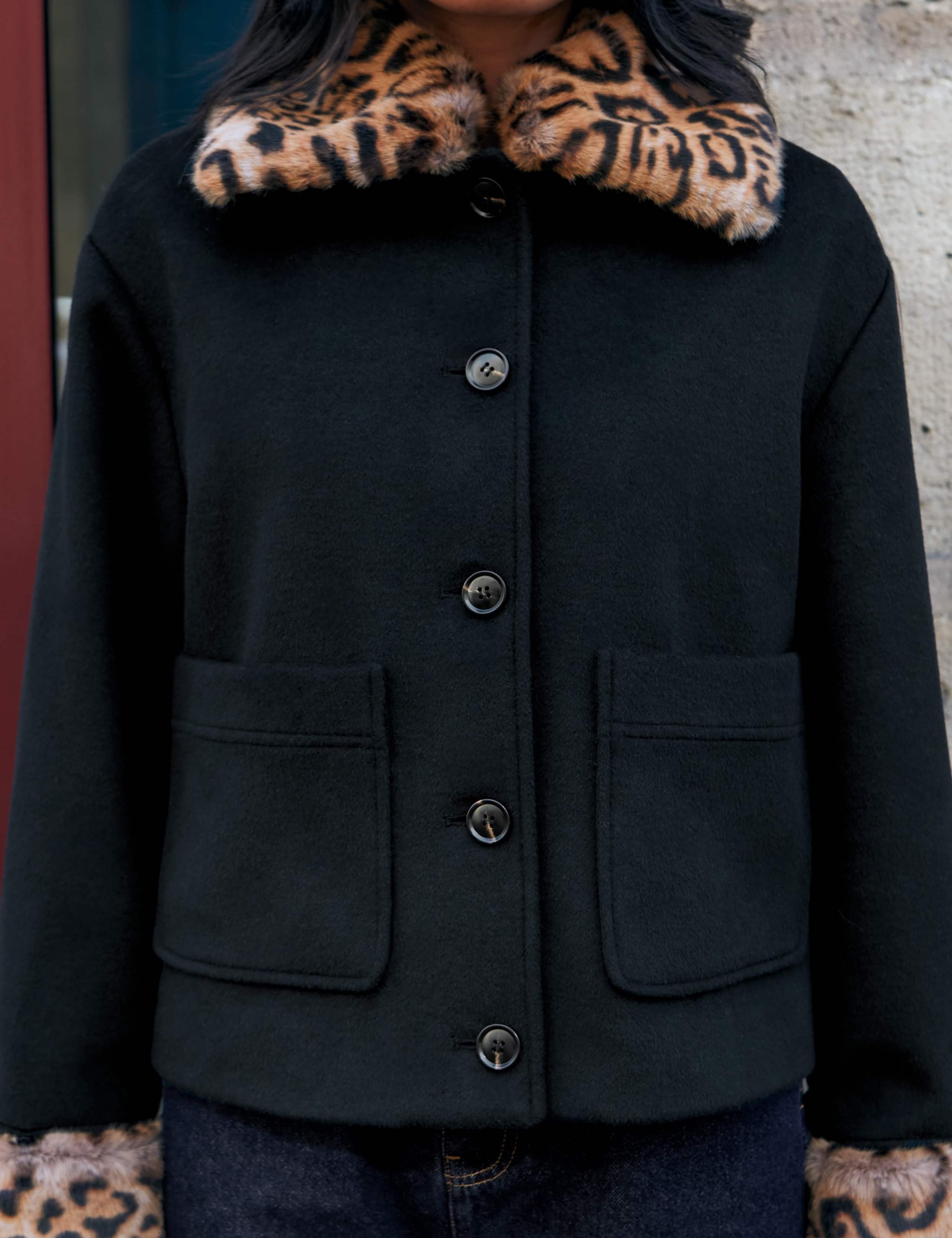 Wool Blend Leopard Print Faux Fur Trim Jacket 2 of 7
