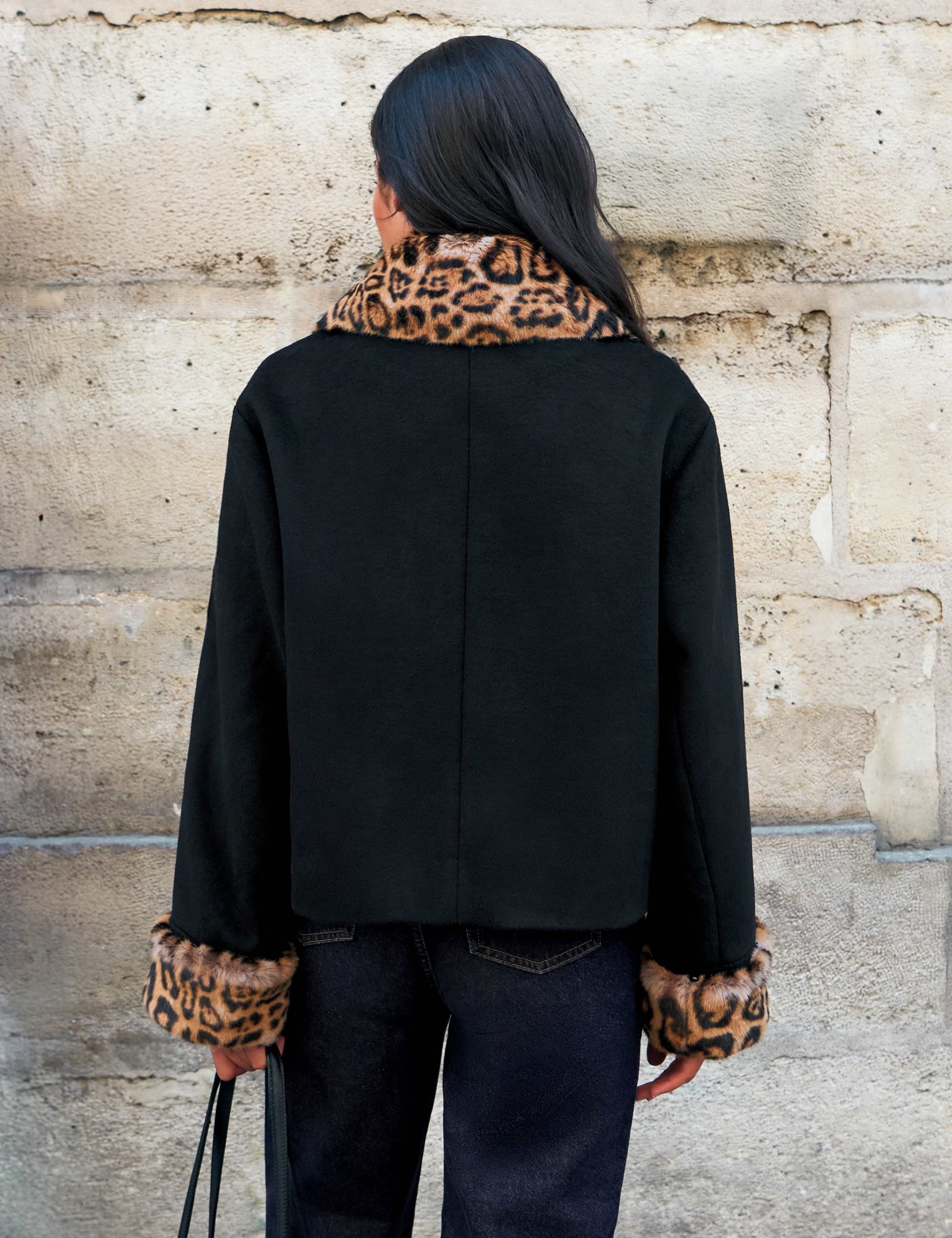 Wool Blend Leopard Print Faux Fur Trim Jacket 5 of 7