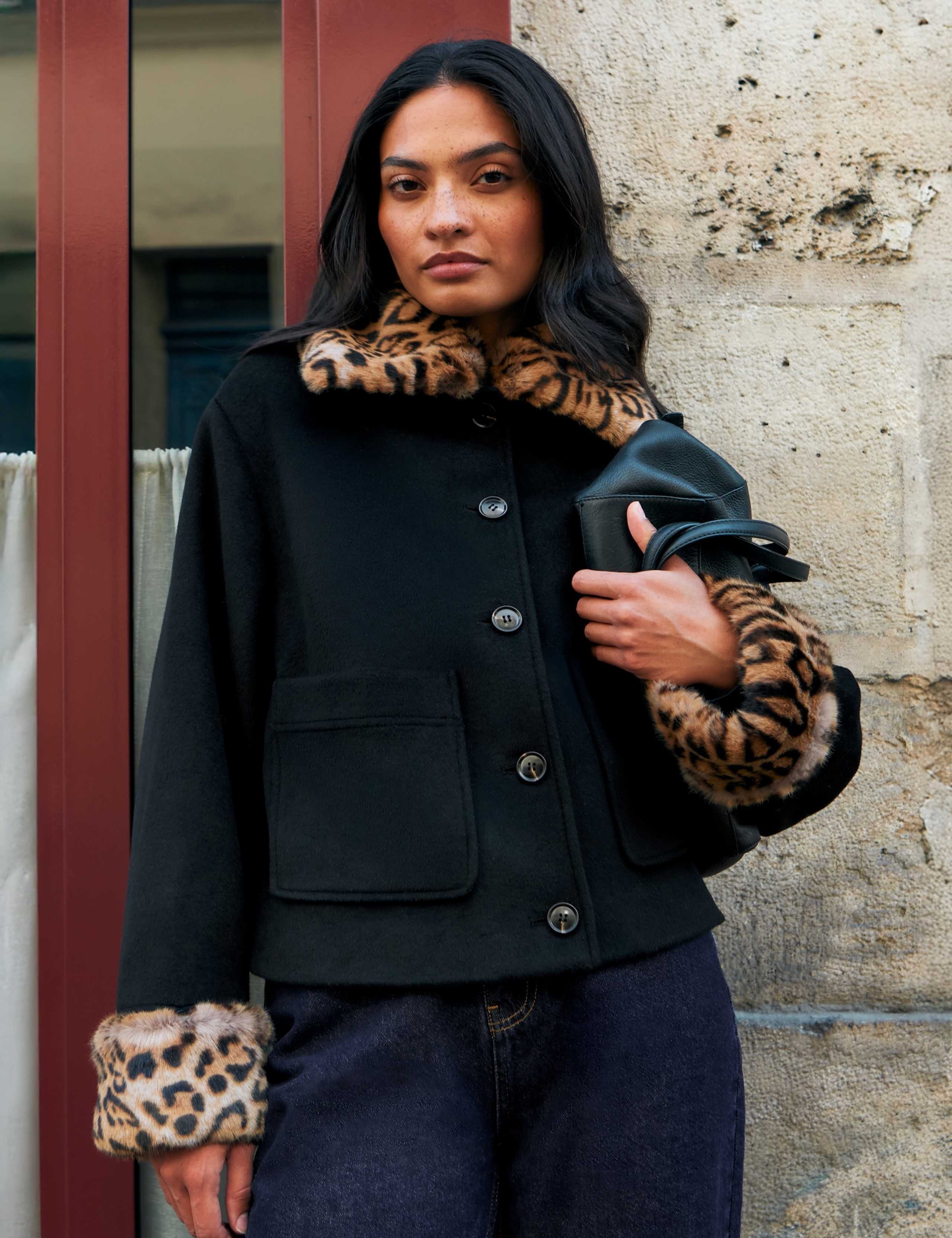 Wool Blend Leopard Print Faux Fur Trim Jacket 7 of 7