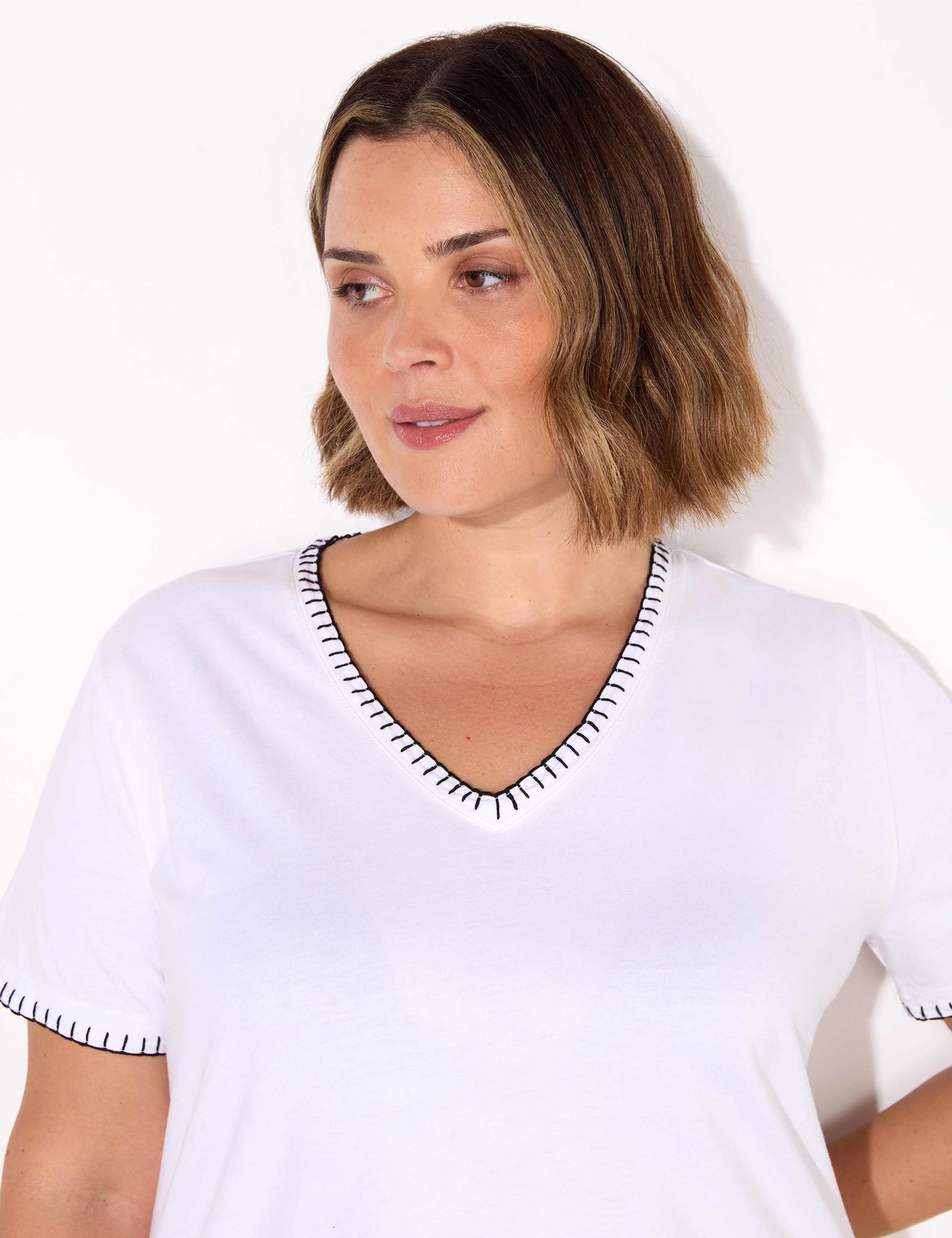 Cotton Rich V-Neck Stitch Detail T-Shirt 2 of 5