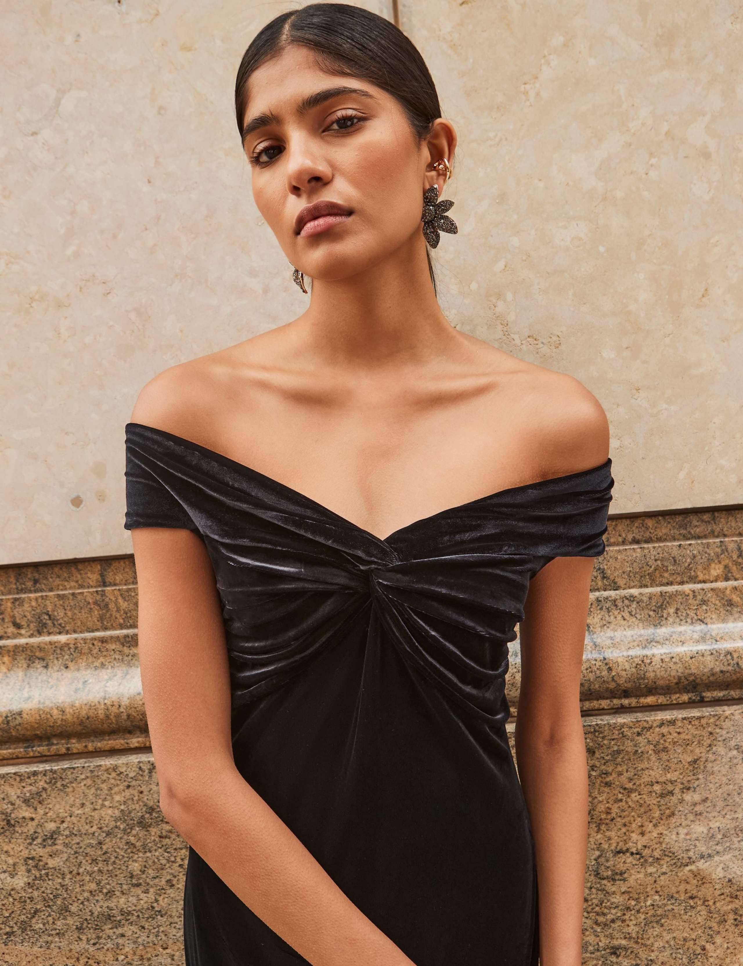 Velvet Off The Shoulder Maxi Column Dress 3 of 3