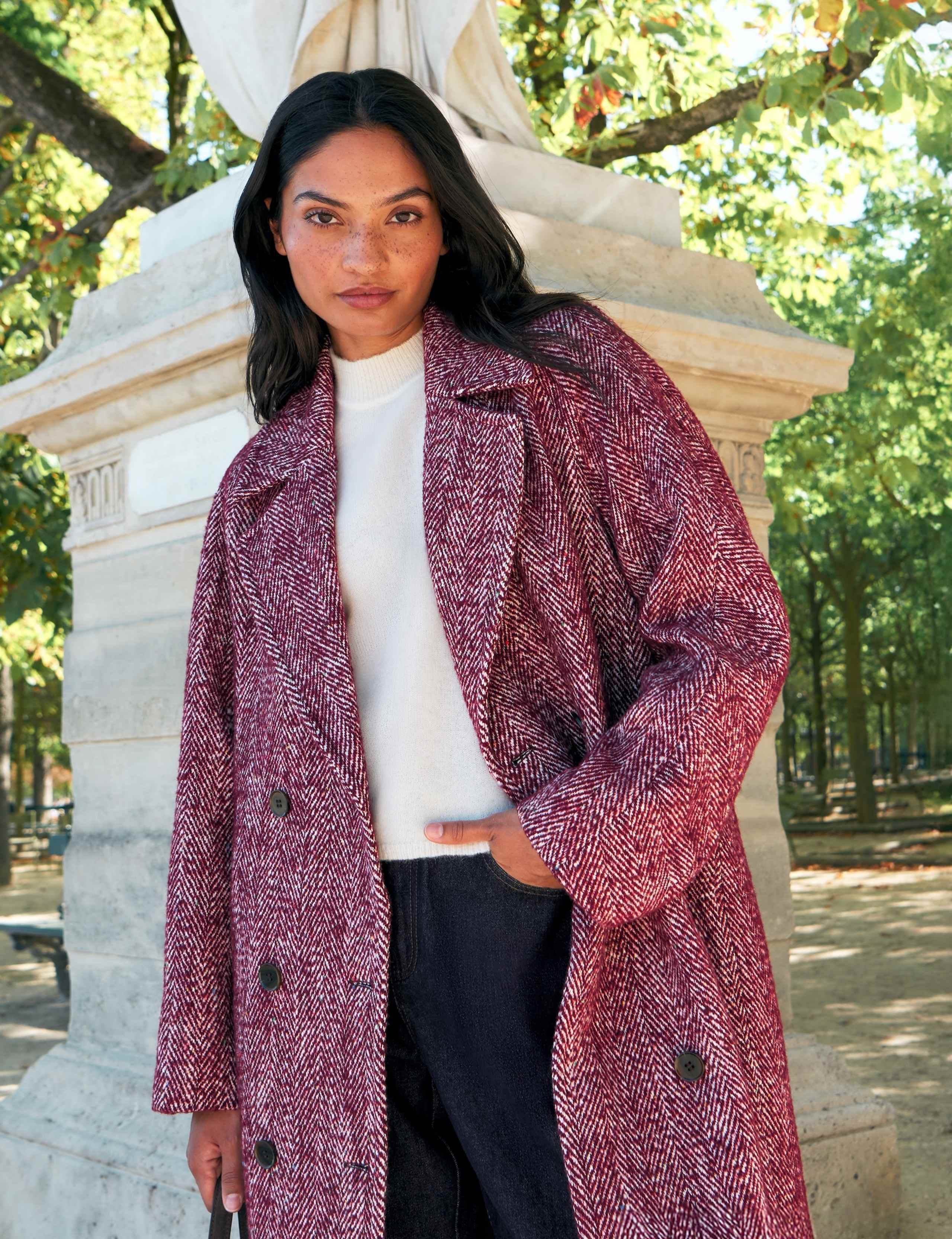 Herringbone Double Breasted Longline Cocoon Coat with Wool 1 of 7