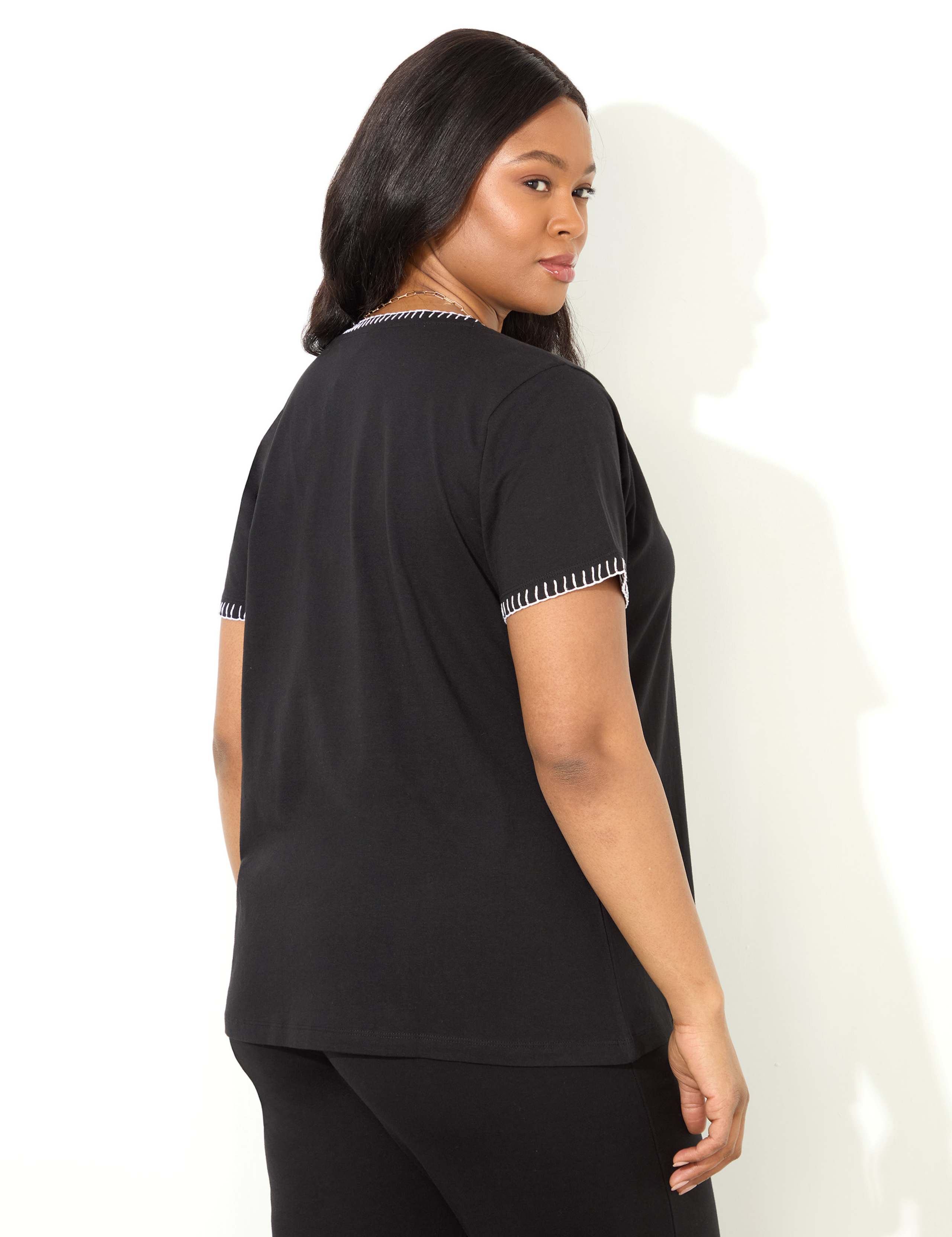 Cotton Rich Stitch Detail V-Neck T-Shirt 3 of 3