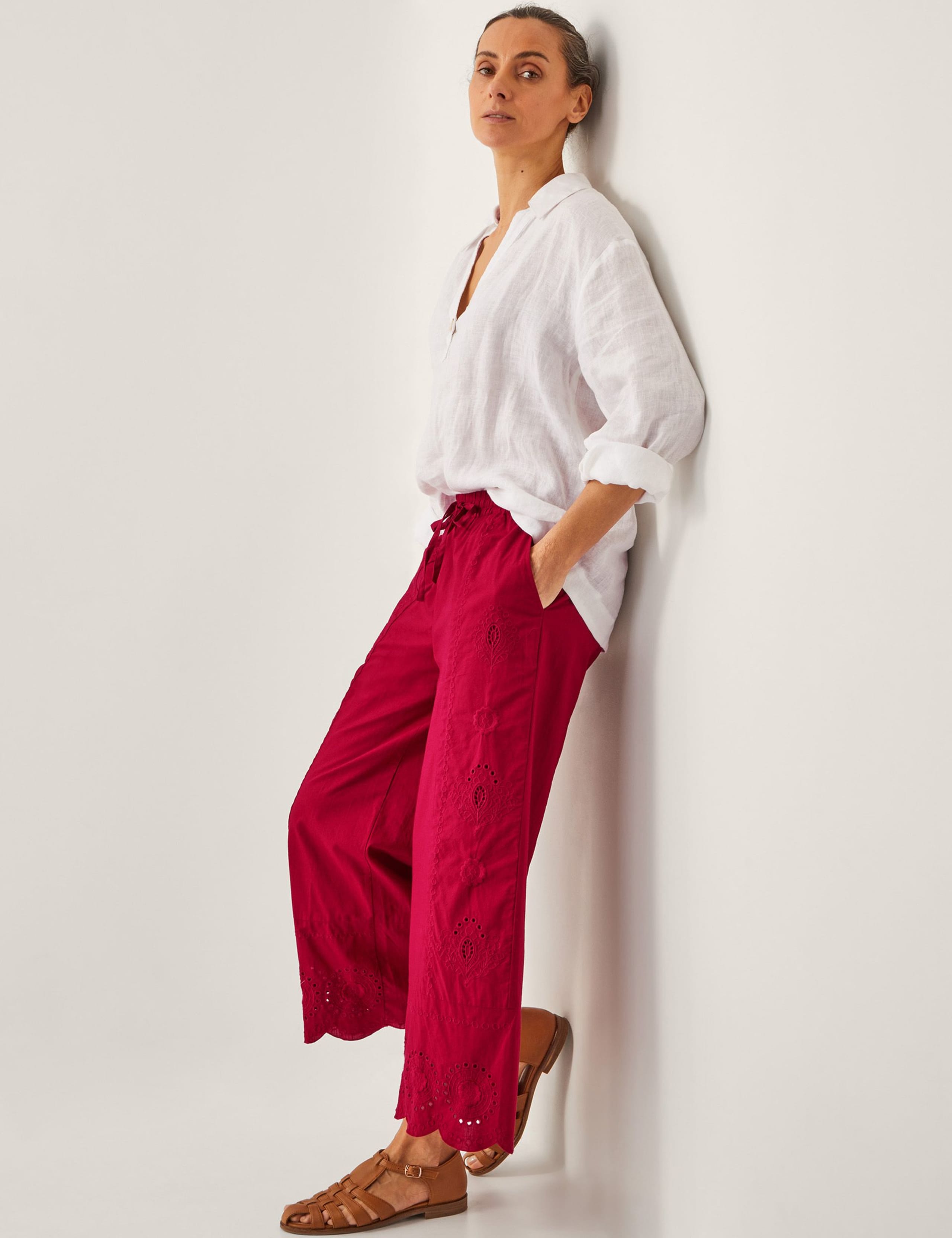 Pure Cotton Embroidered Wide Leg Trousers 3 of 5