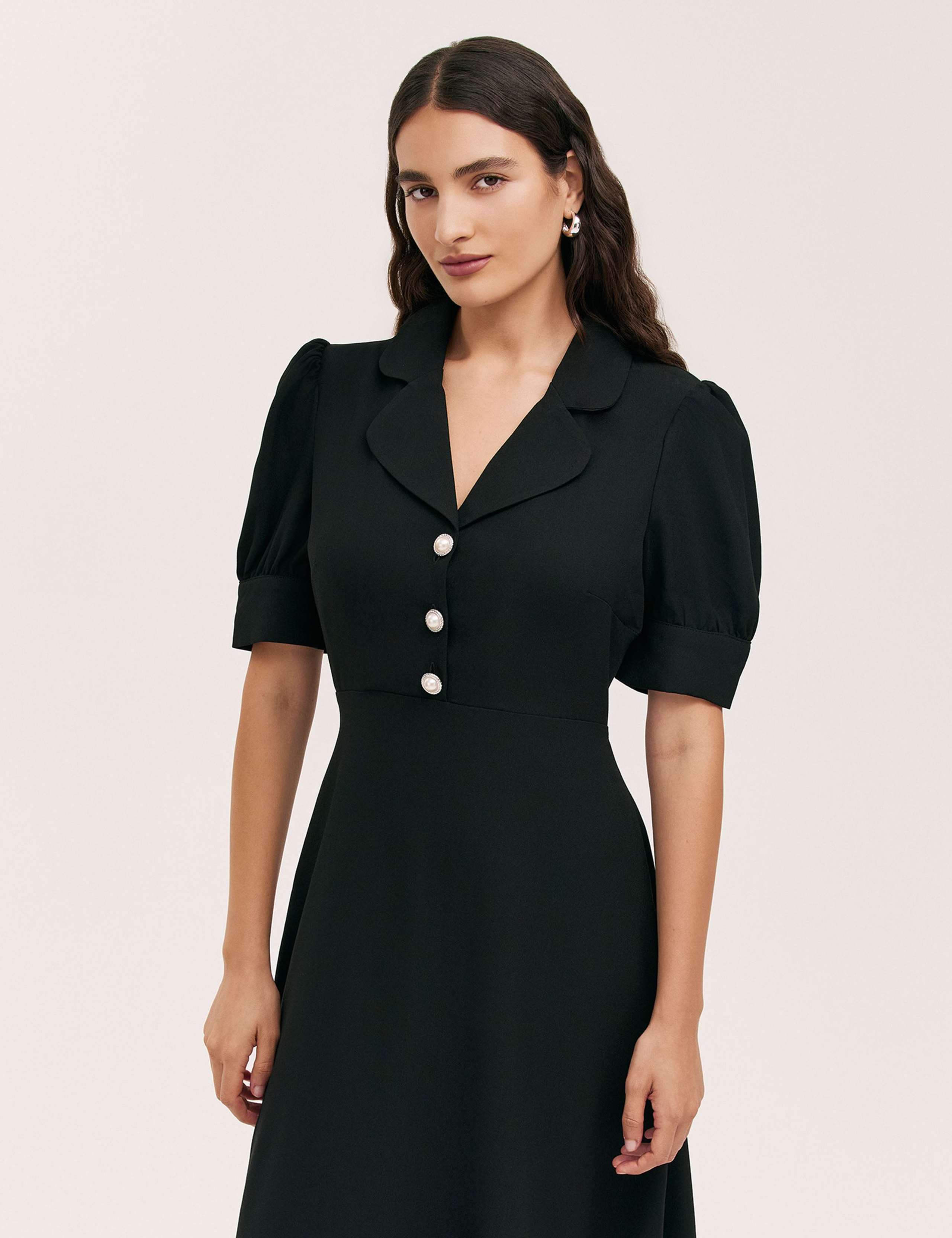Crepe Collared Puff Sleeve Midi Tea Dress 3 of 5