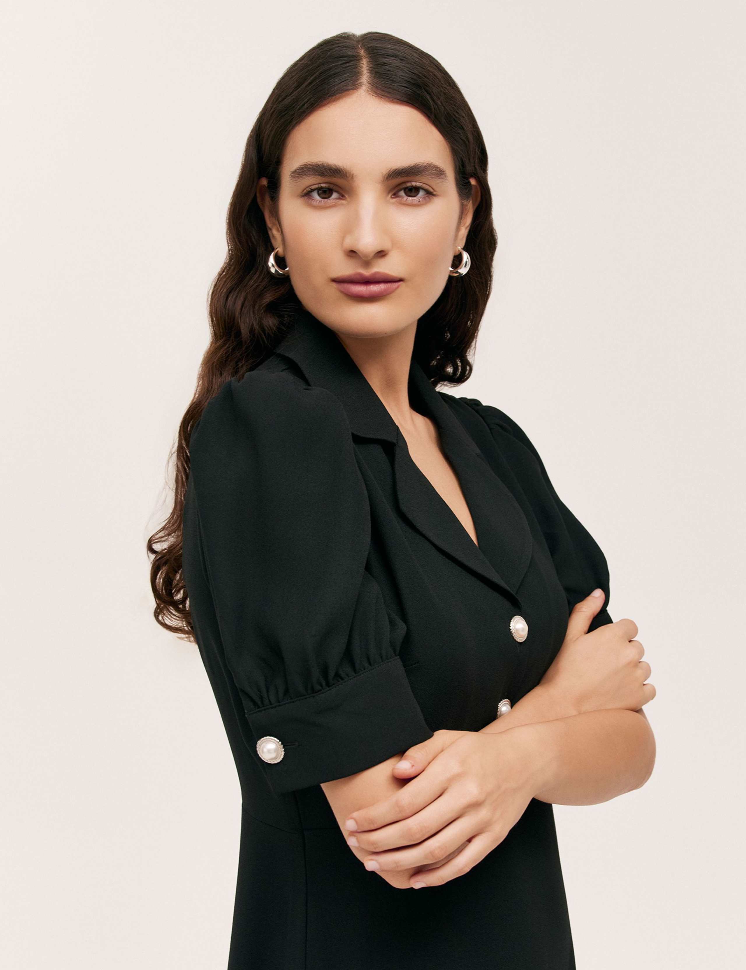 Crepe Collared Puff Sleeve Midi Tea Dress 4 of 5