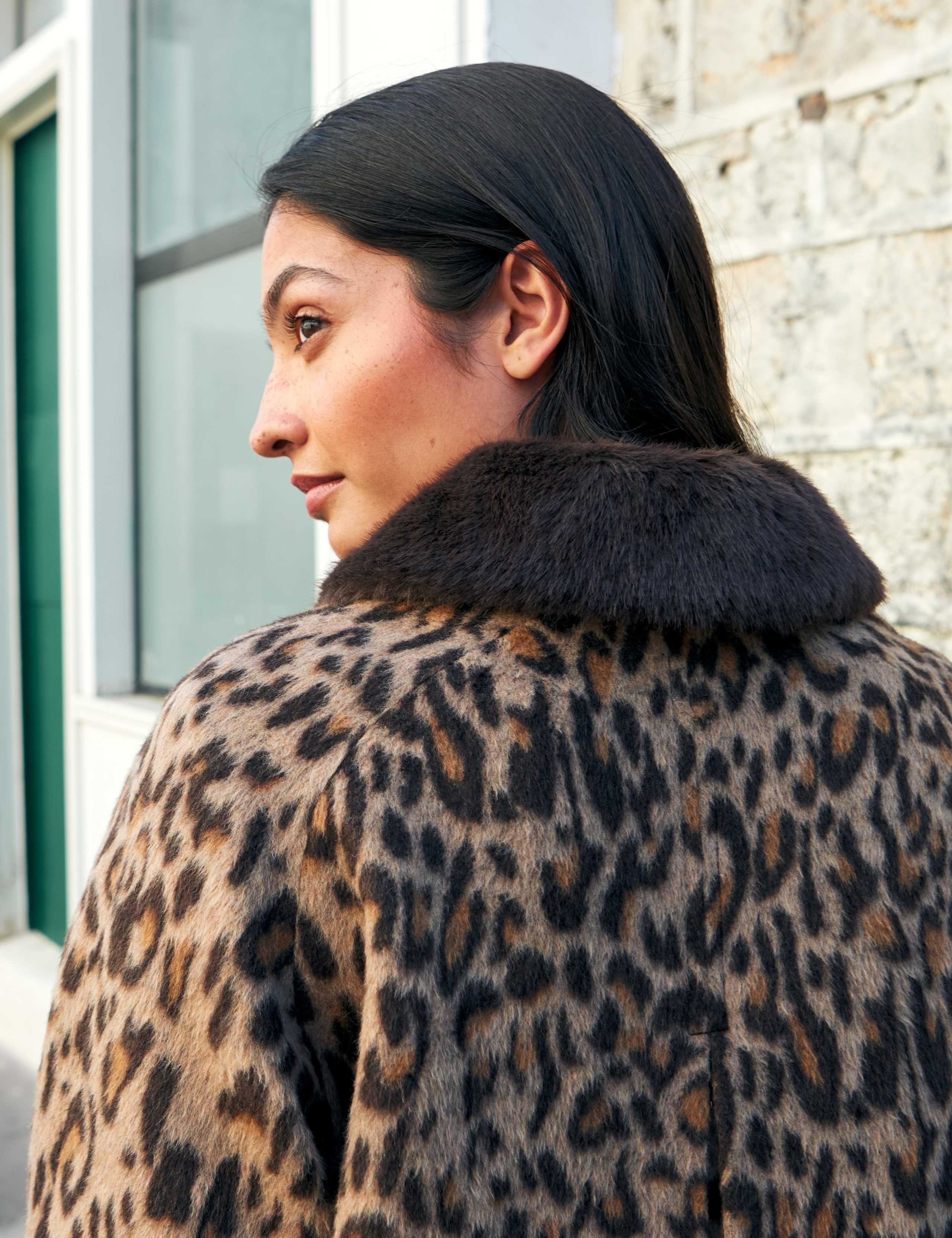 Leopard Print Faux Fur Trim Car Coat with Wool 2 of 6