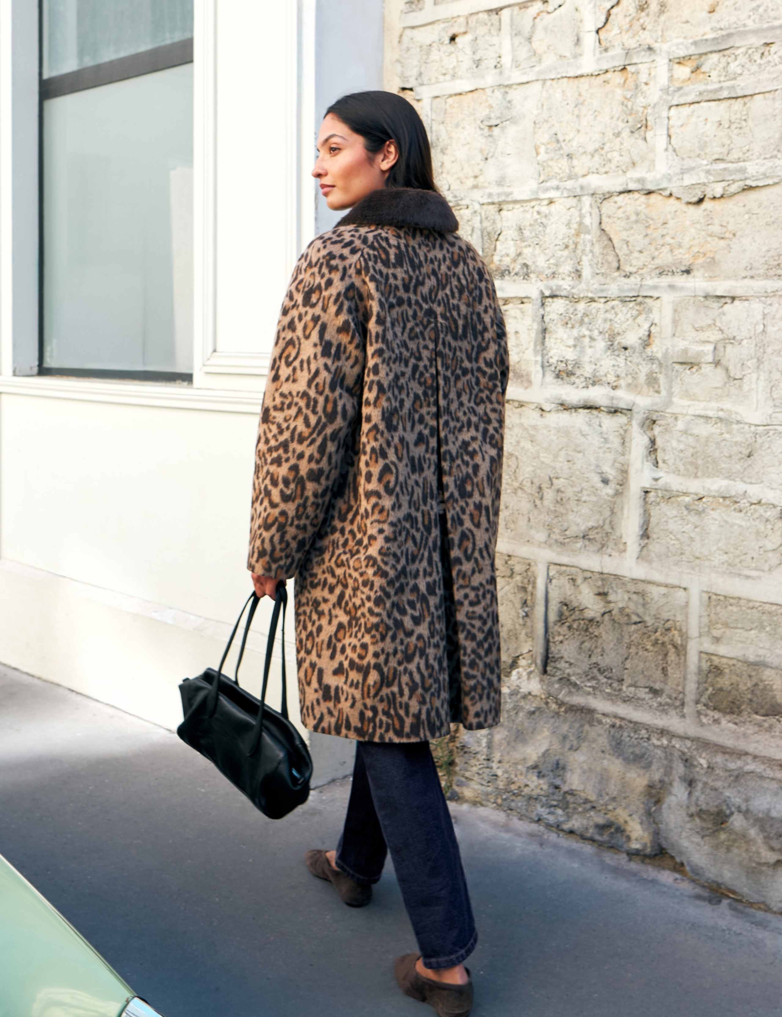 Leopard Print Faux Fur Trim Car Coat with Wool 3 of 6