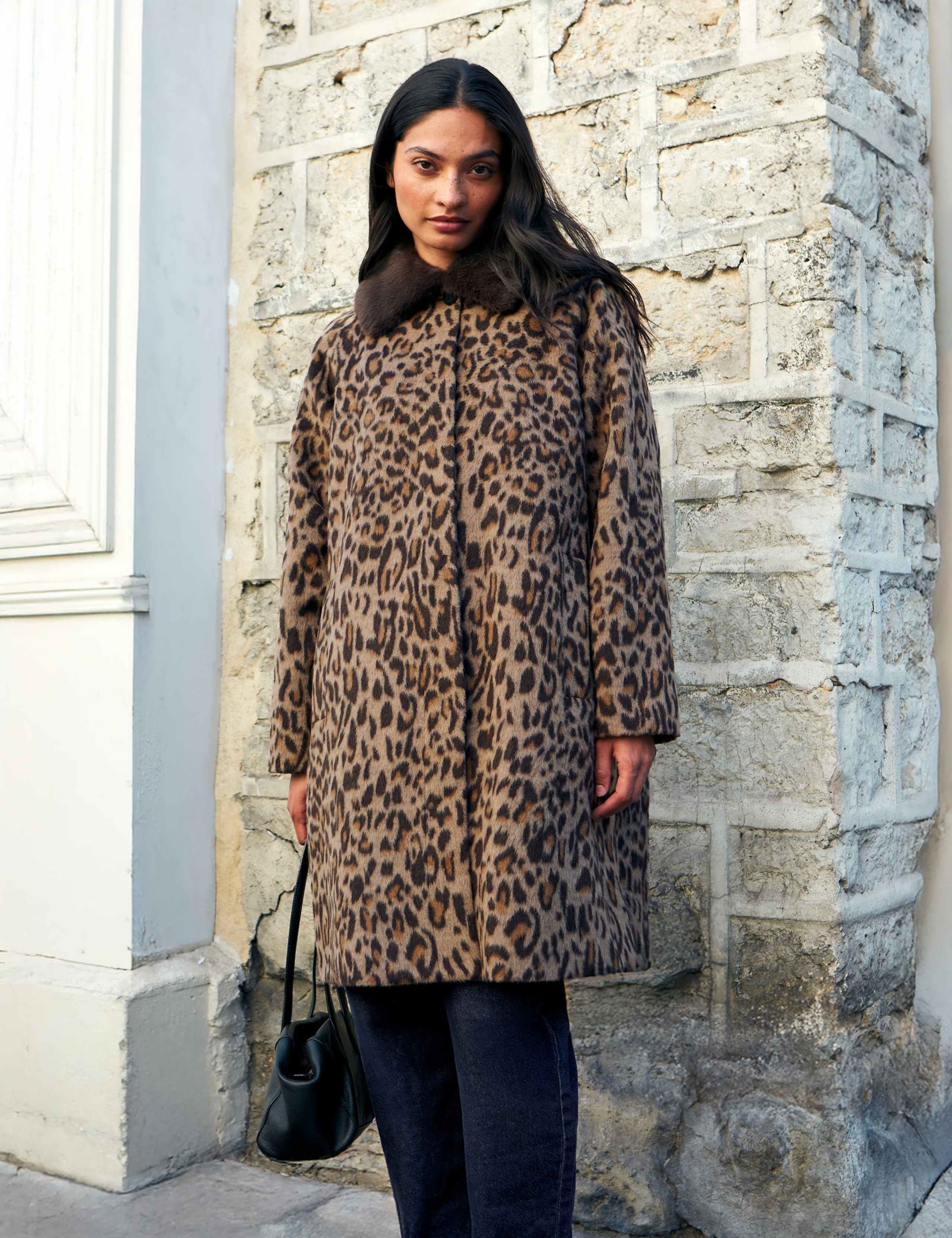 Leopard Print Faux Fur Trim Car Coat with Wool 4 of 6