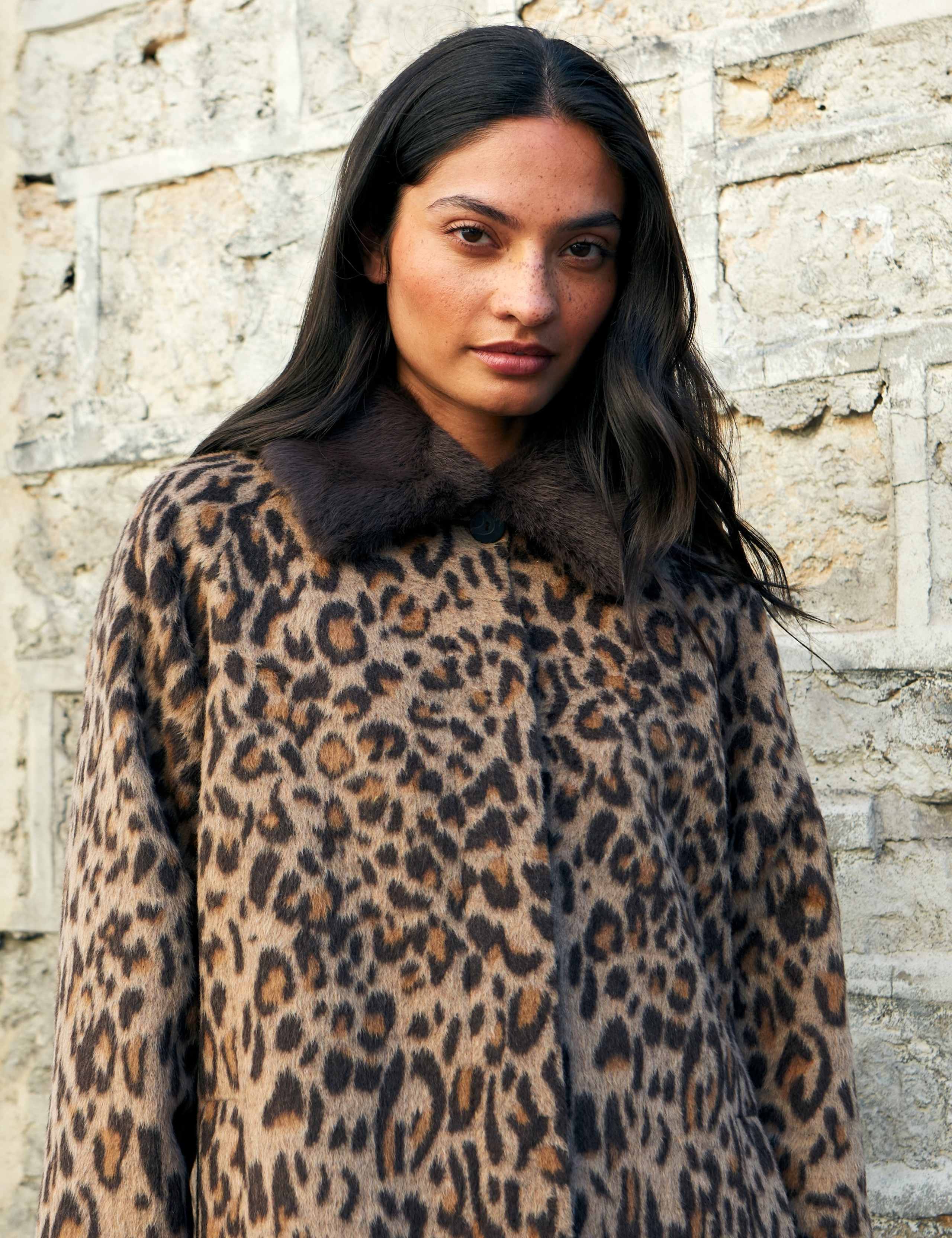 Leopard Print Faux Fur Trim Car Coat with Wool 5 of 6