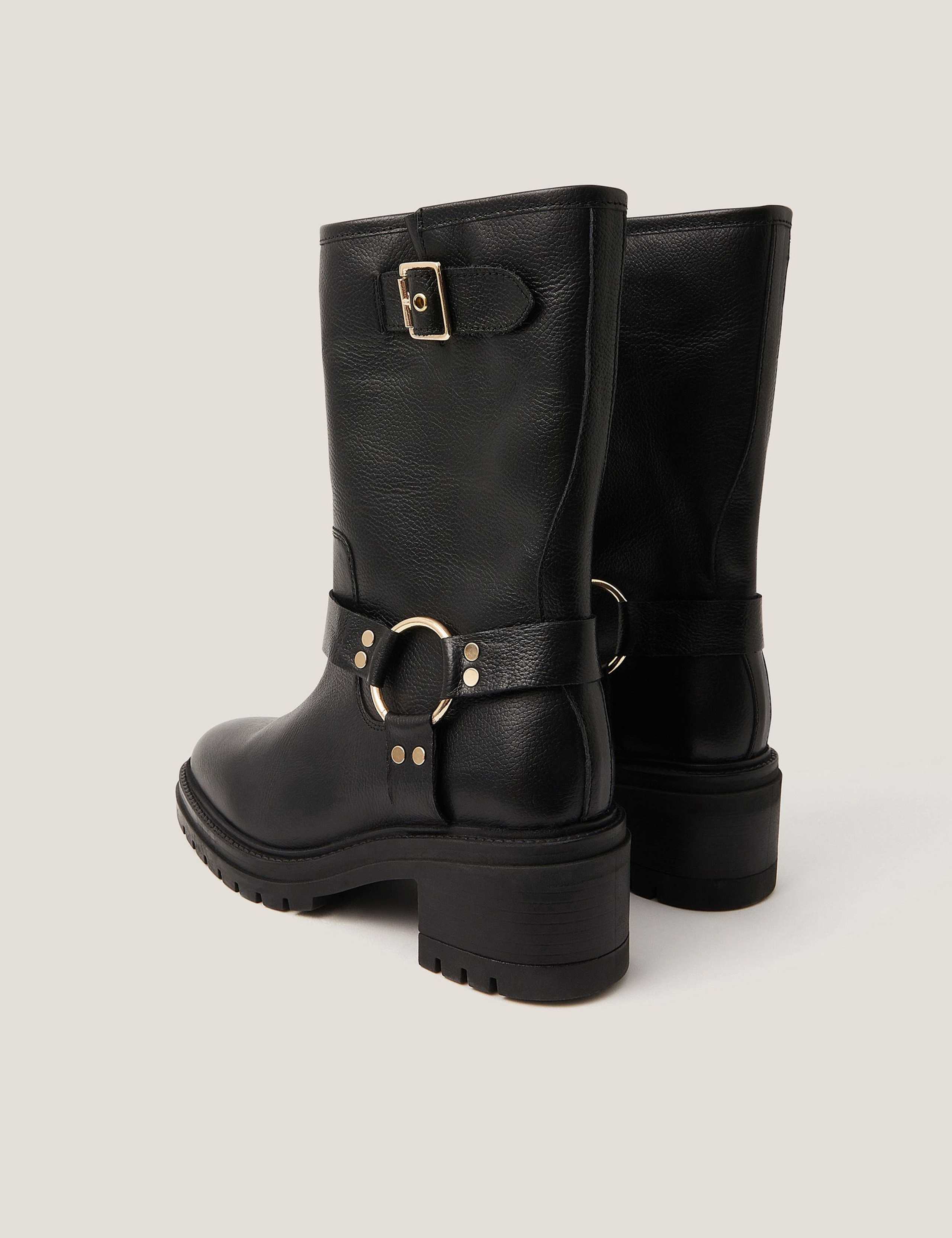 Leather Biker Buckle Block Heel Boots 2 of 3