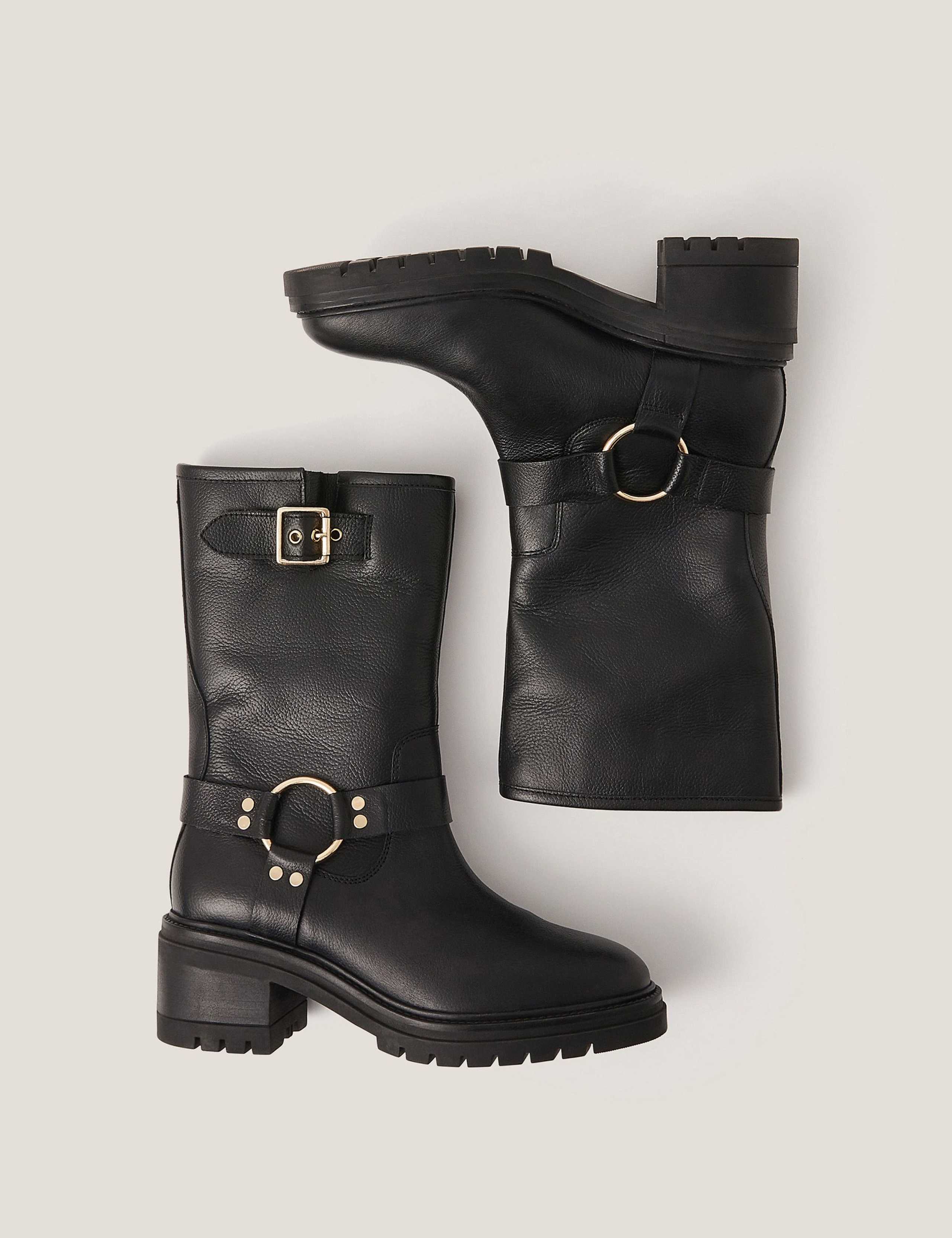 Leather Biker Buckle Block Heel Boots 3 of 3