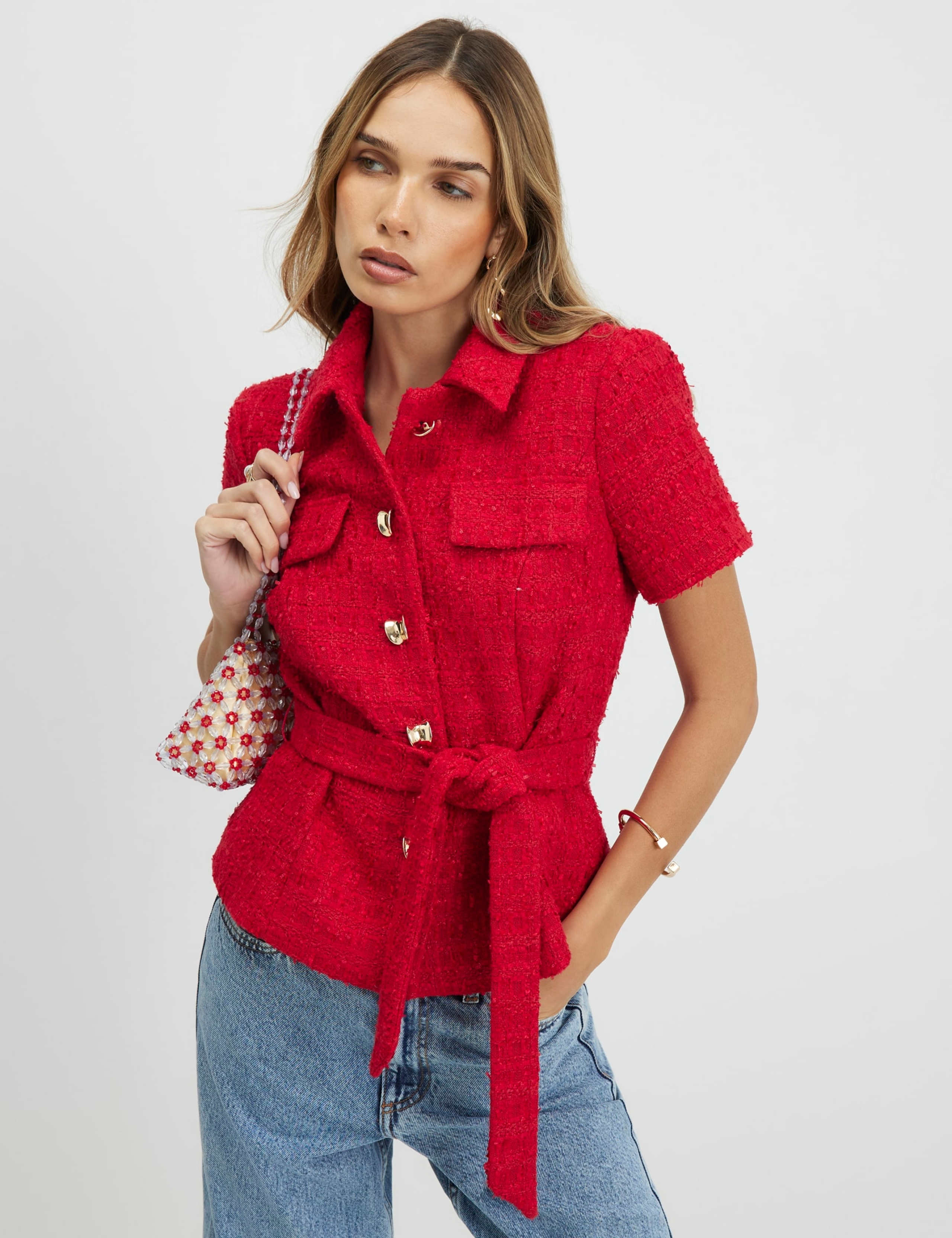 Textured Collared Belted Button Through Top 1 of 4