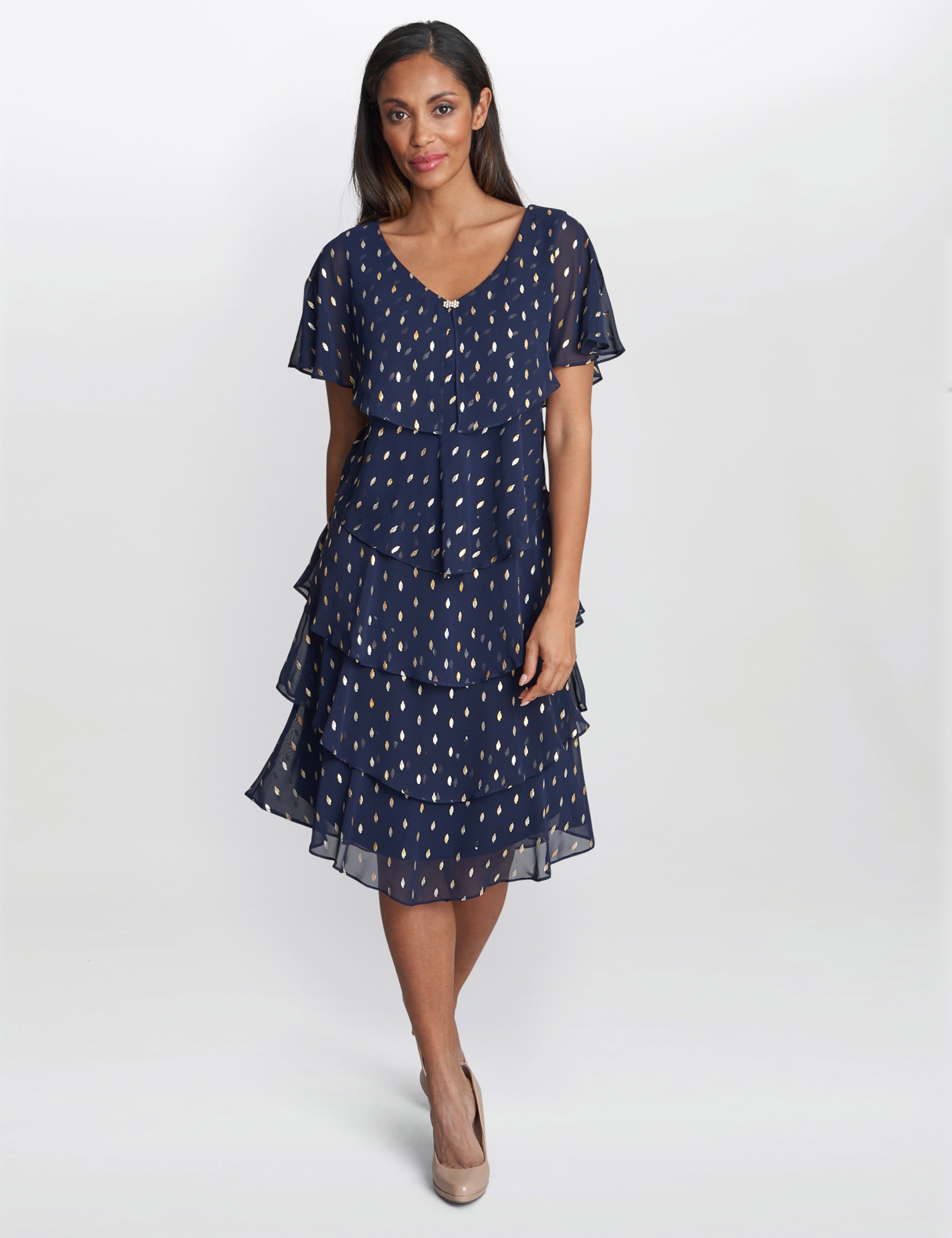 Chiffon Foil V-Neck Tiered Dress 1 of 5