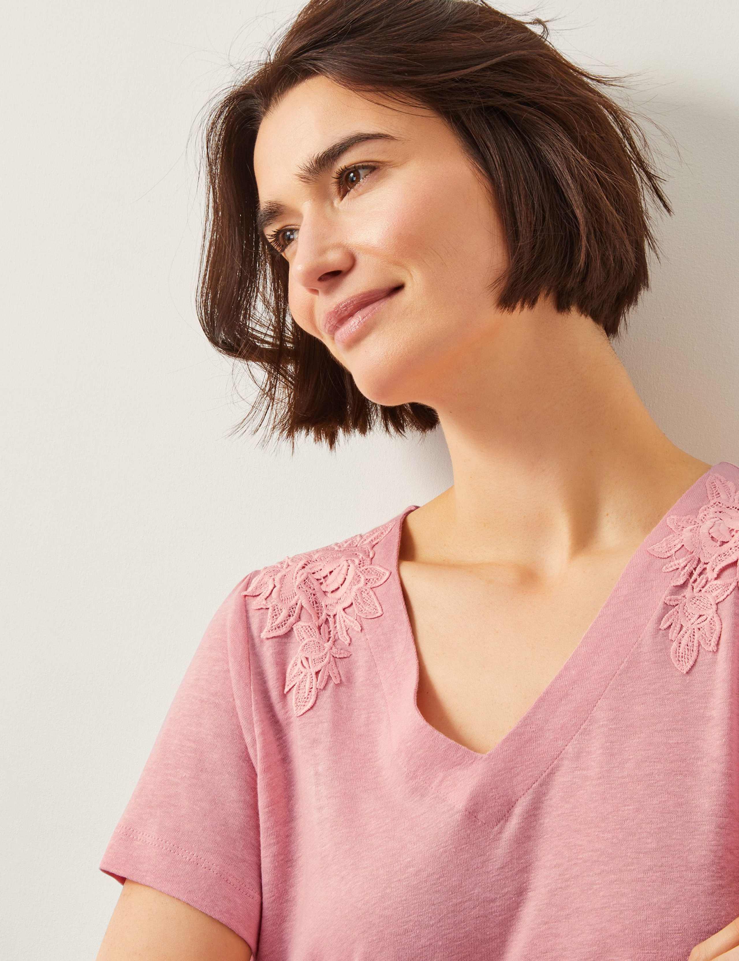 Linen Rich Embroidered V-Neck T-Shirt 4 of 5