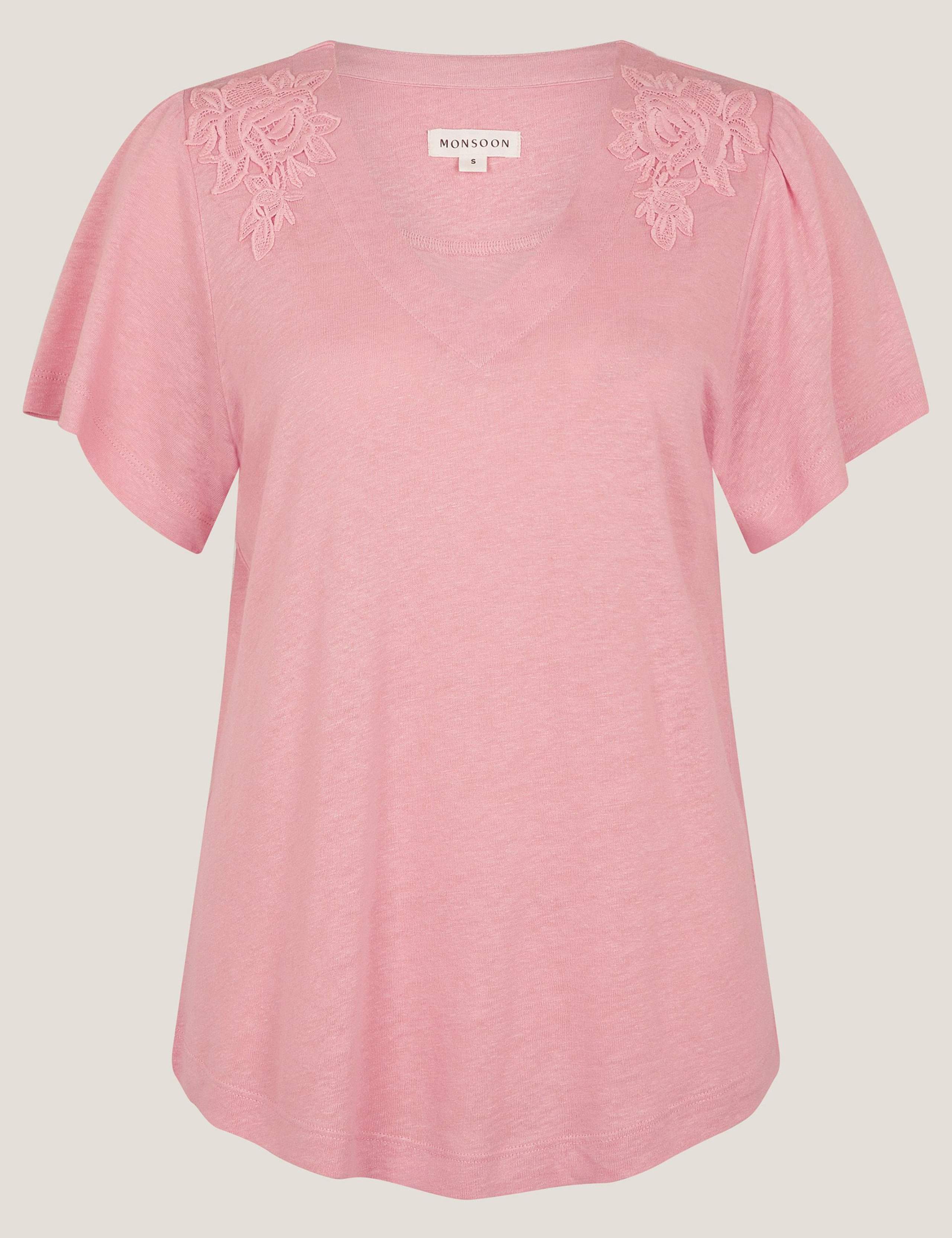 Linen Rich Embroidered V-Neck T-Shirt 2 of 5