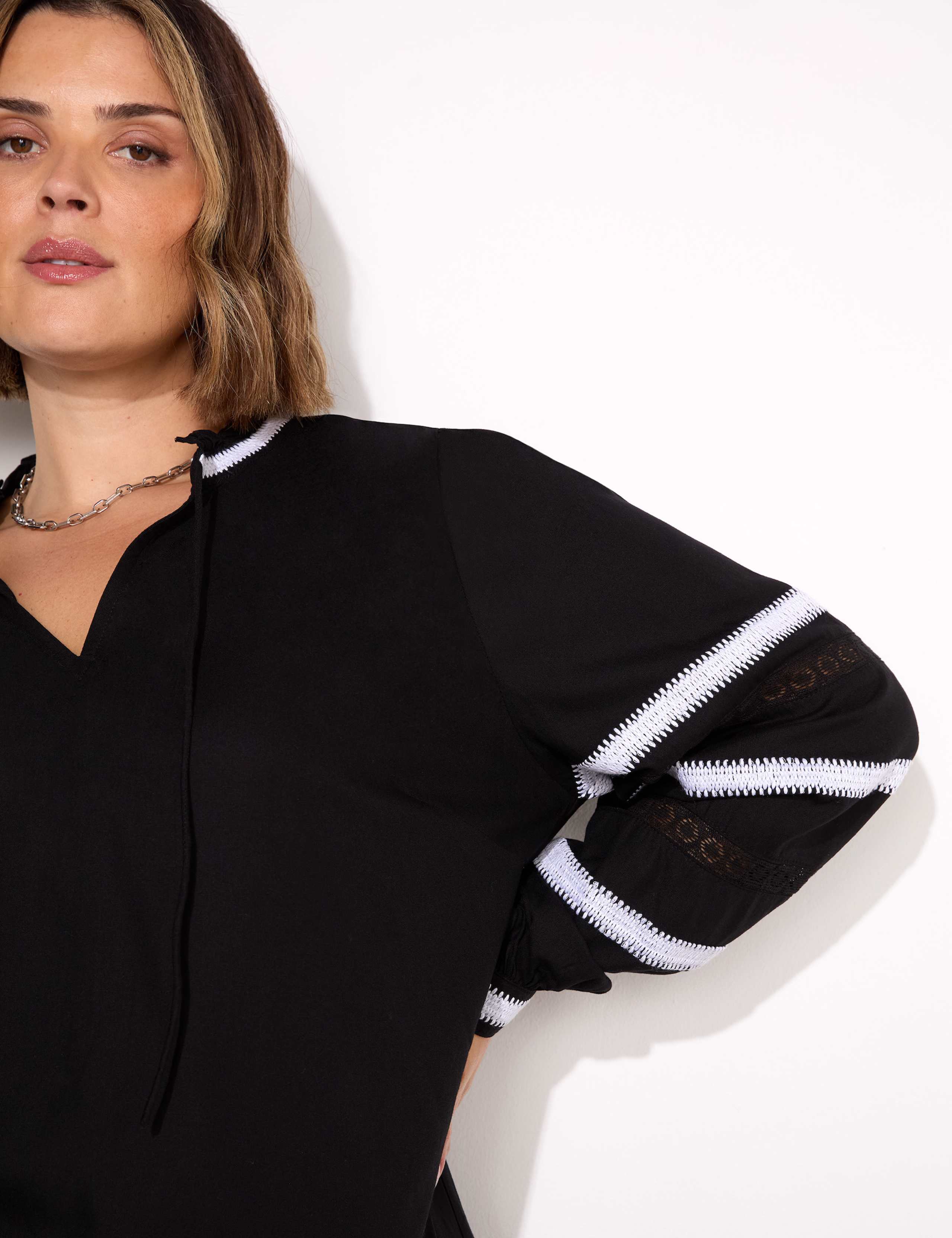 Embroidered V-Neck Lace Insert Top 4 of 5