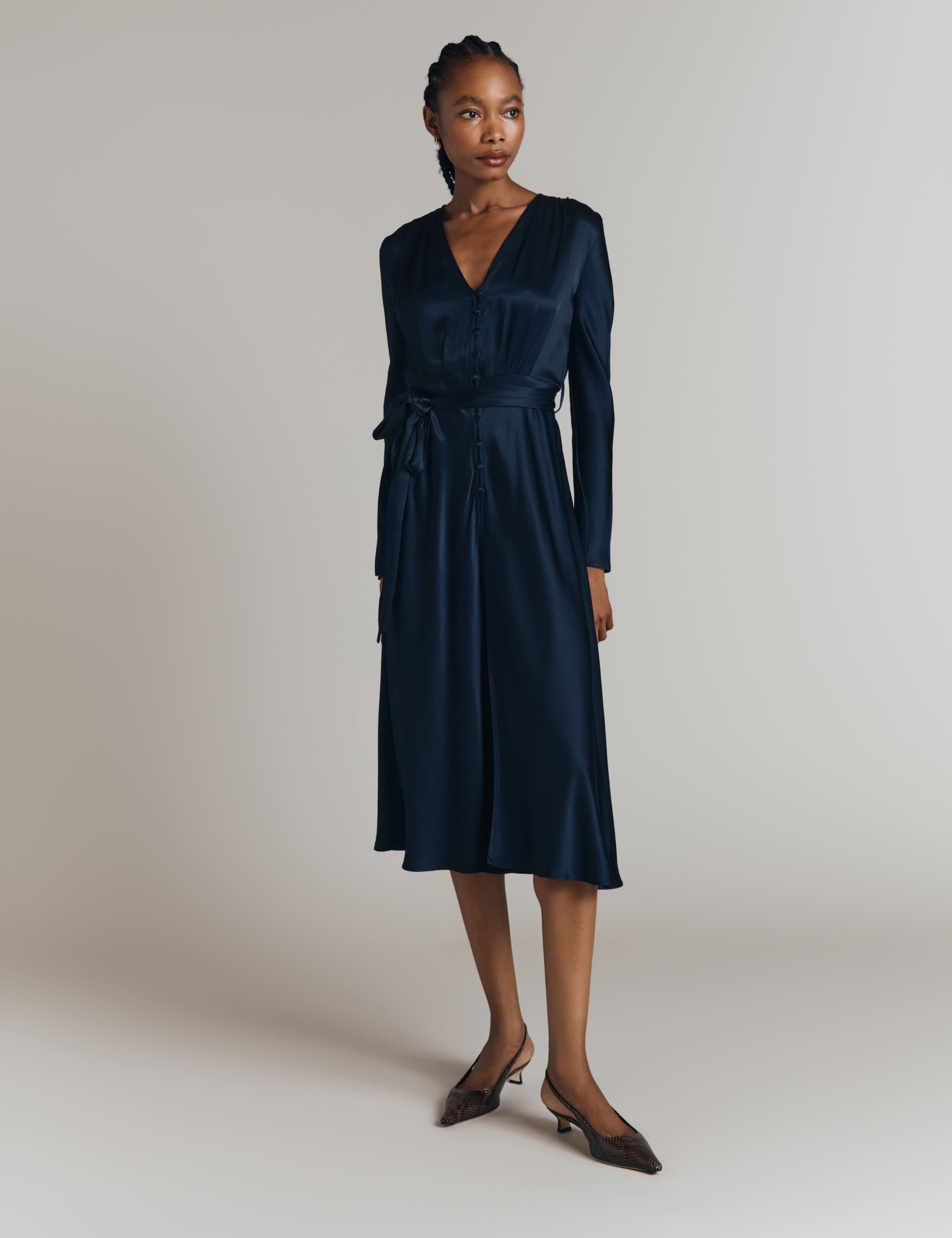 Satin V-Neck Belted Midi Waisted Dress 4 of 5