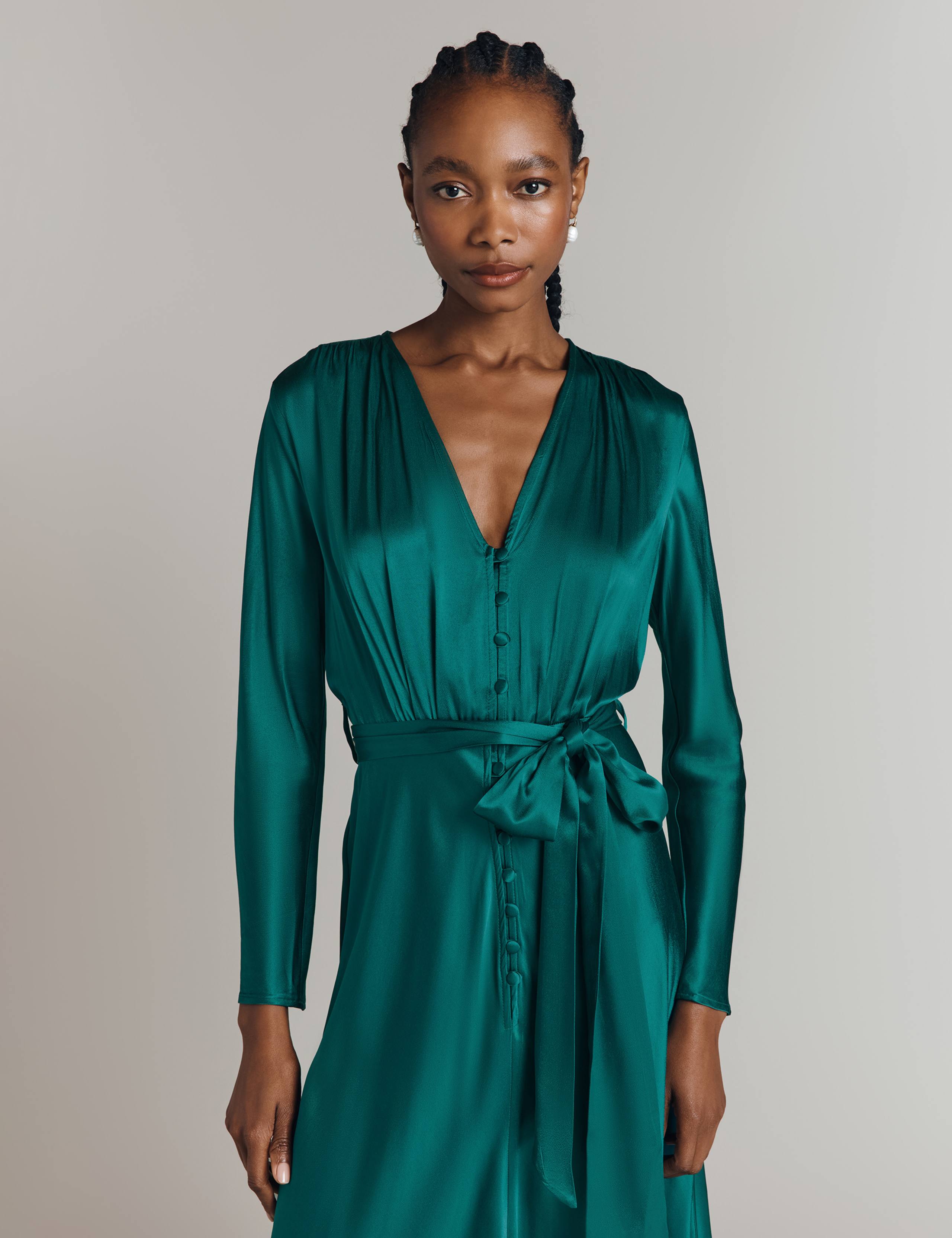 Satin V-Neck Belted Midi Waisted Dress 2 of 4