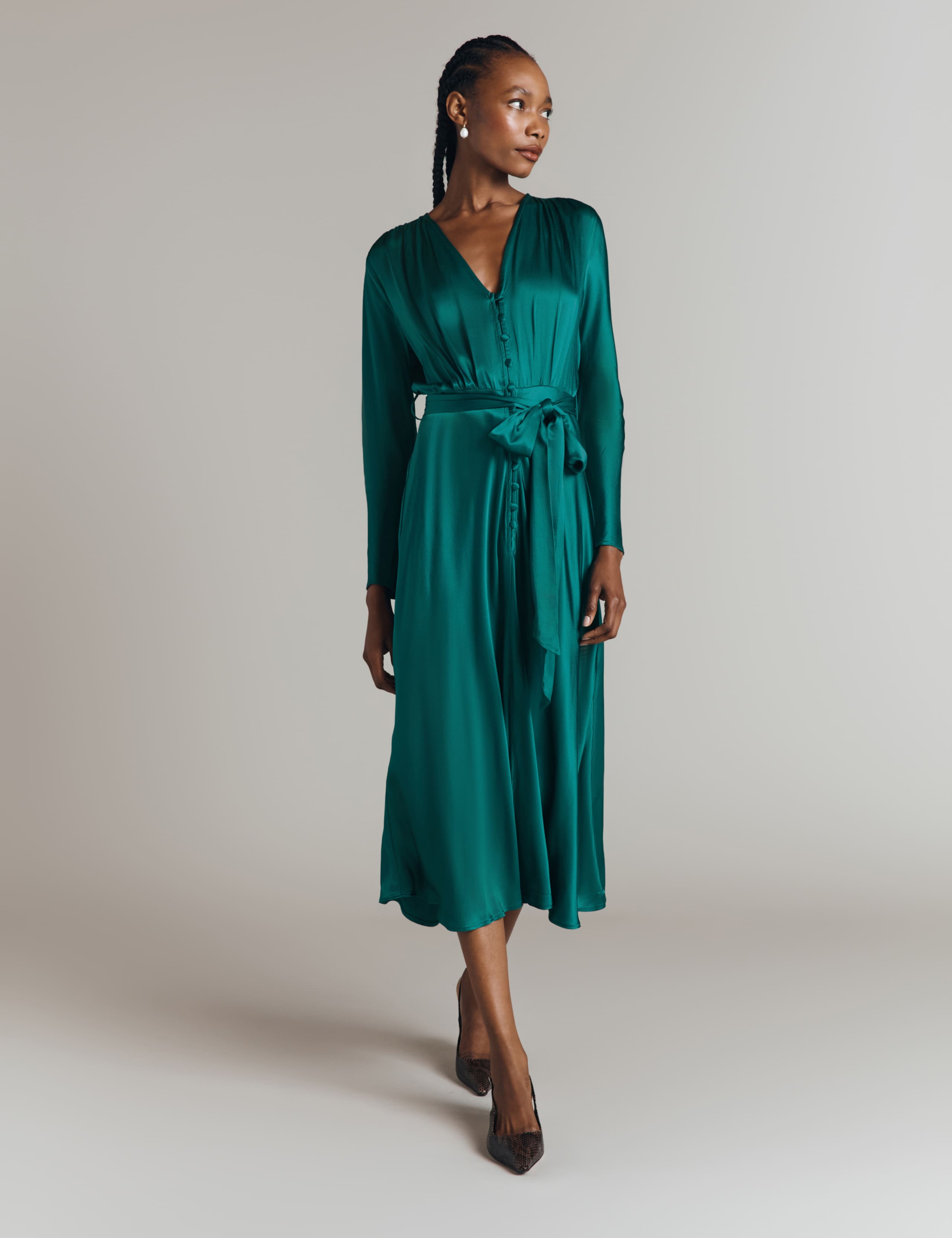Satin V-Neck Belted Midi Waisted Dress 3 of 4