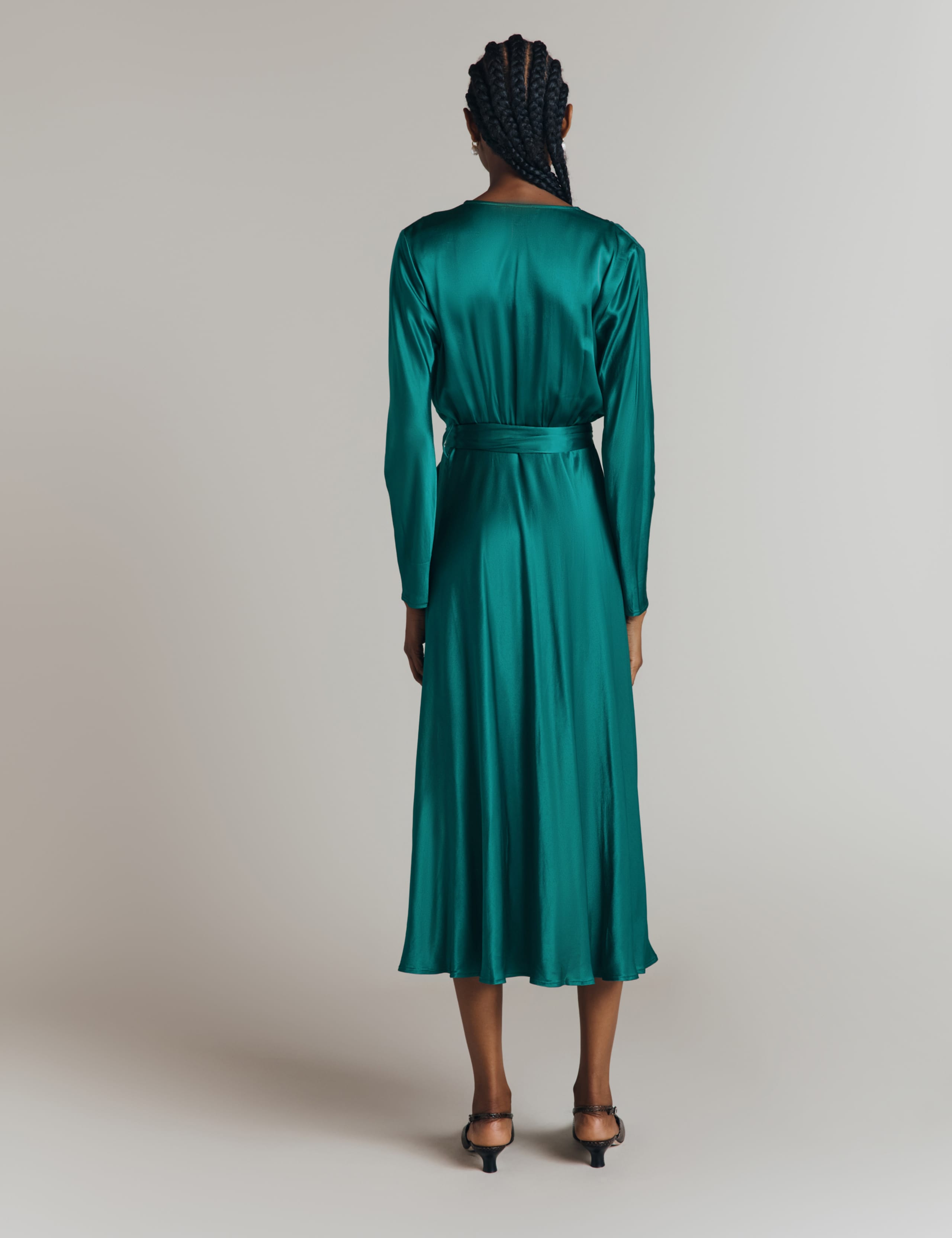 Satin V-Neck Belted Midi Waisted Dress 4 of 4