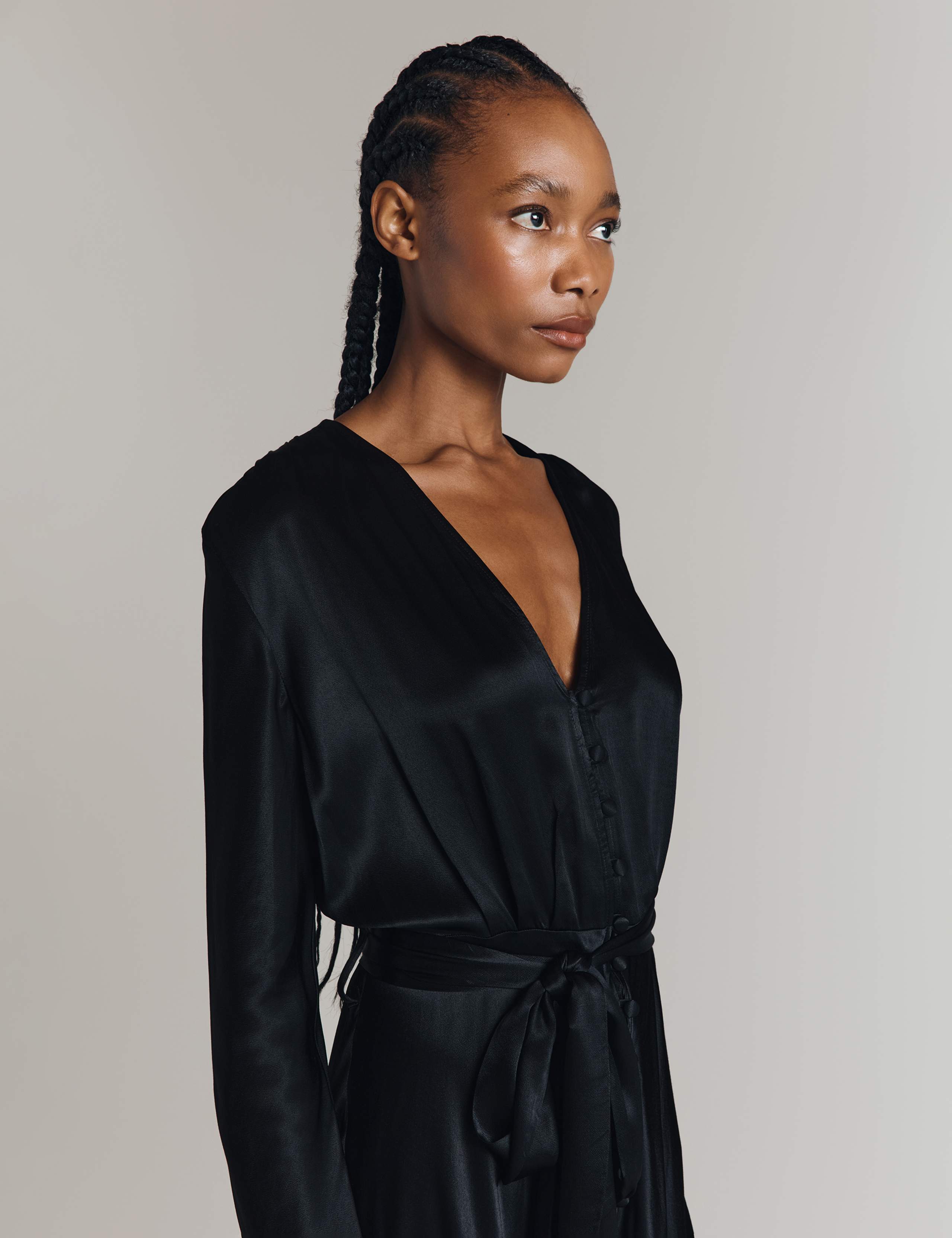 Satin V-Neck Belted Midi Waisted Dress 2 of 4