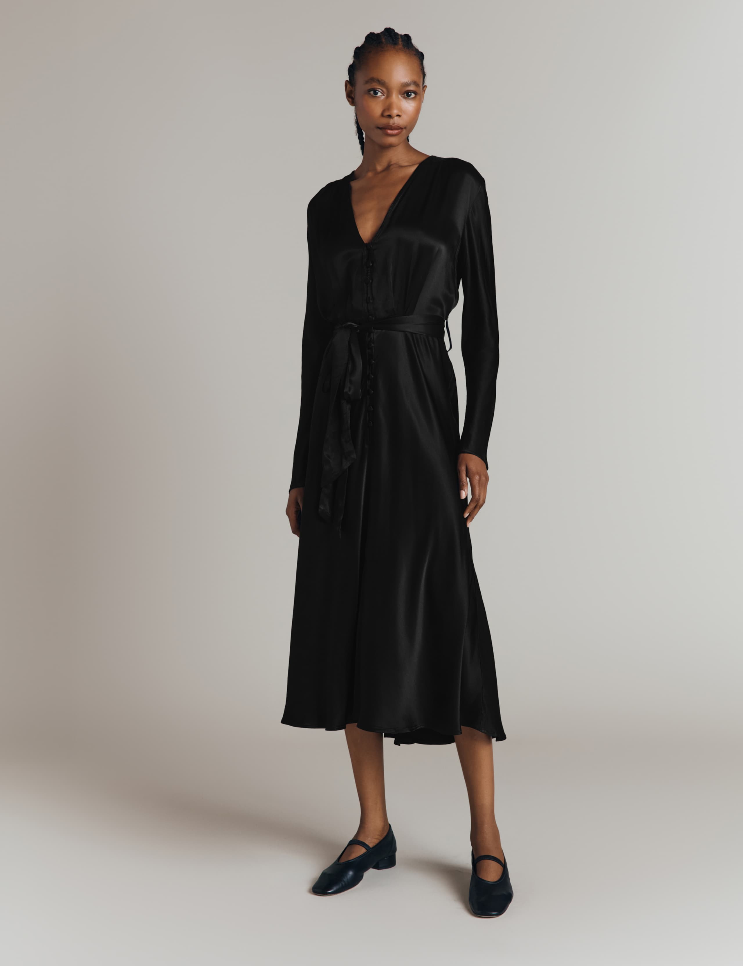 Satin V-Neck Belted Midi Waisted Dress 3 of 4