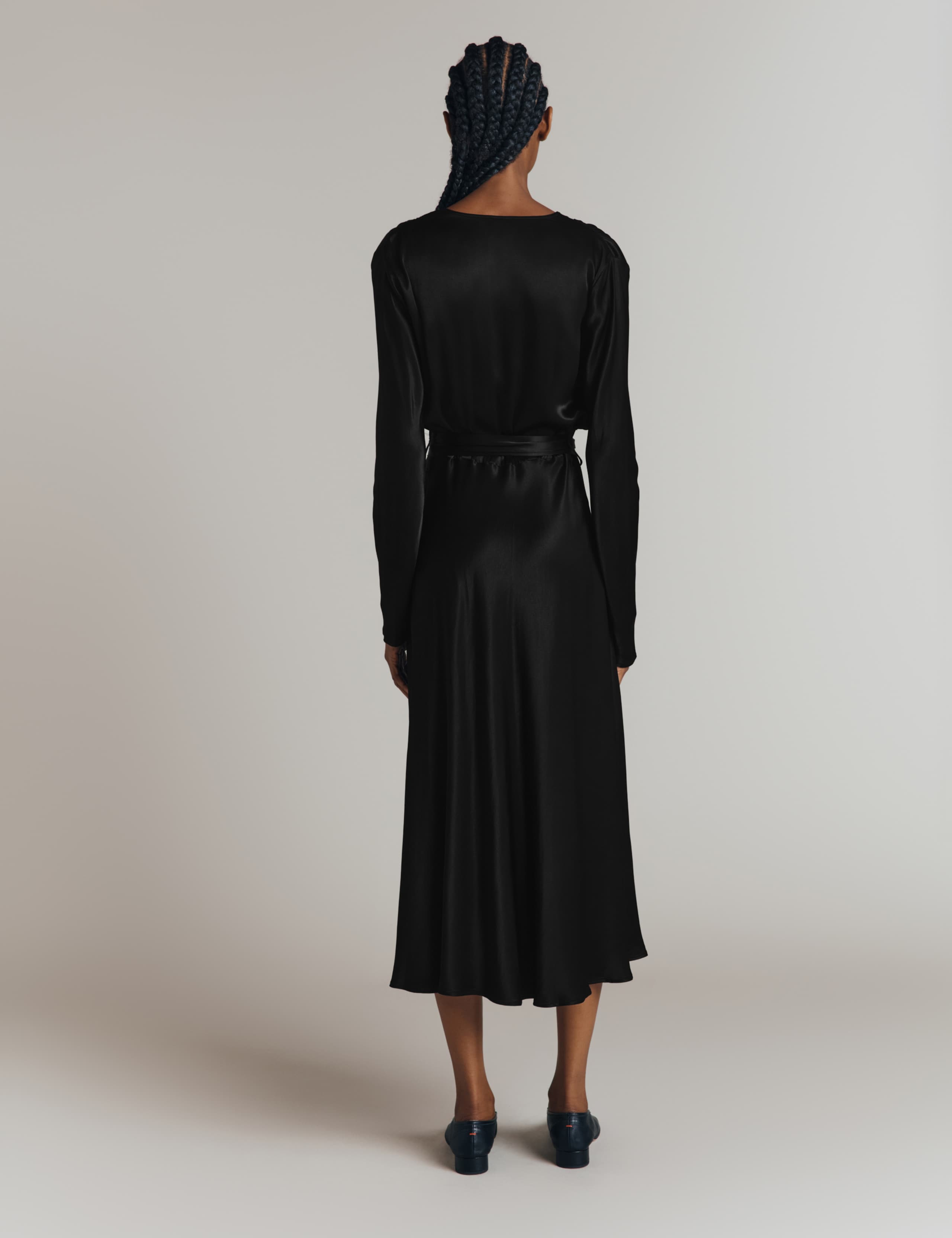 Satin V-Neck Belted Midi Waisted Dress 4 of 4