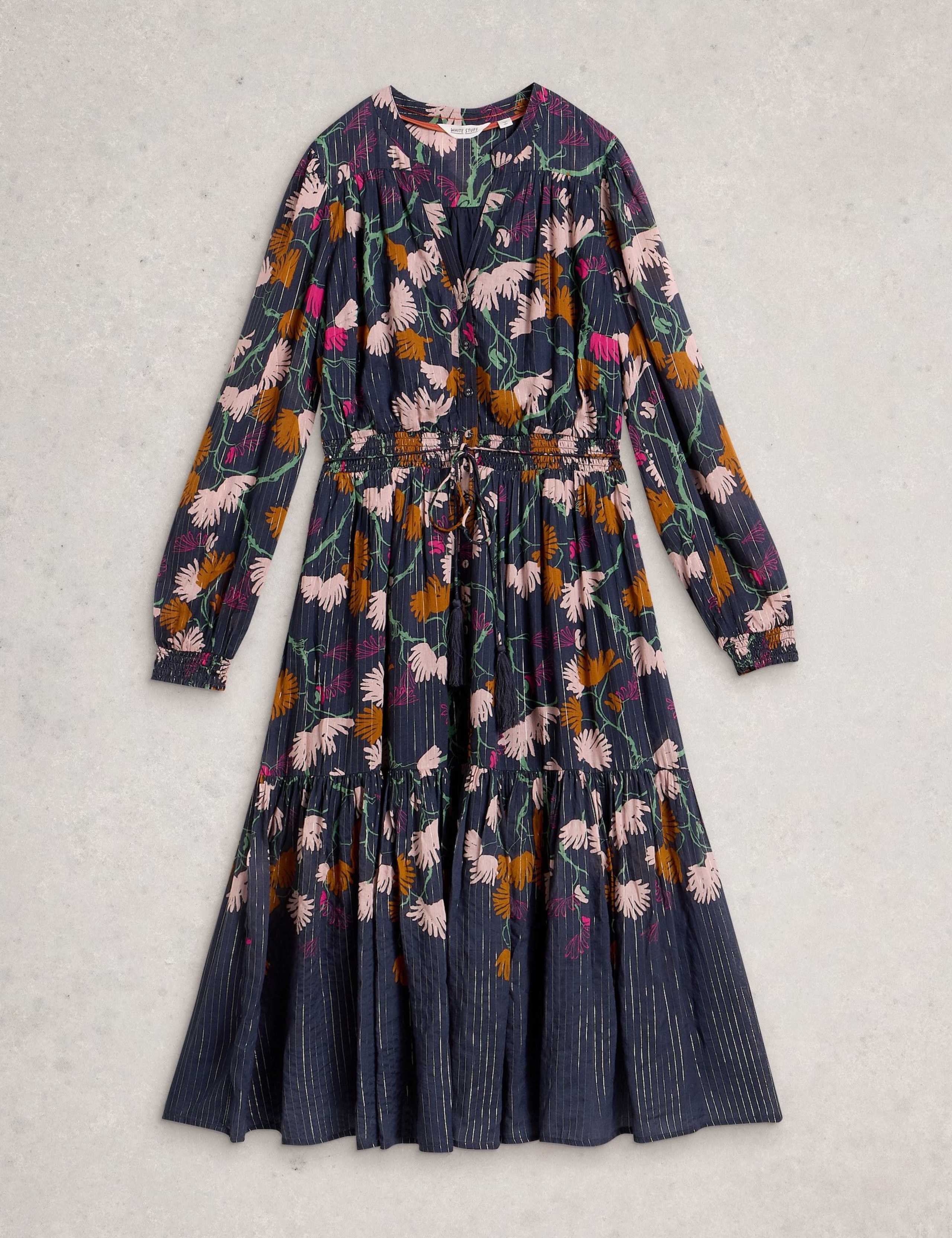 Metallic Printed Notch Neck Midi Tiered Dress 2 of 6