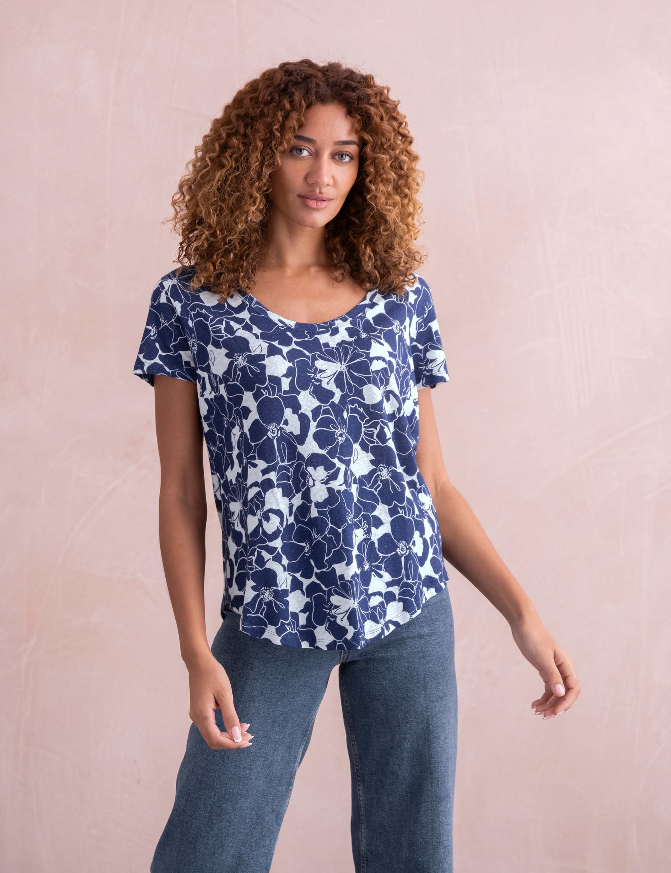 Linen Blend Floral Scoop Neck T-Shirt 1 of 6