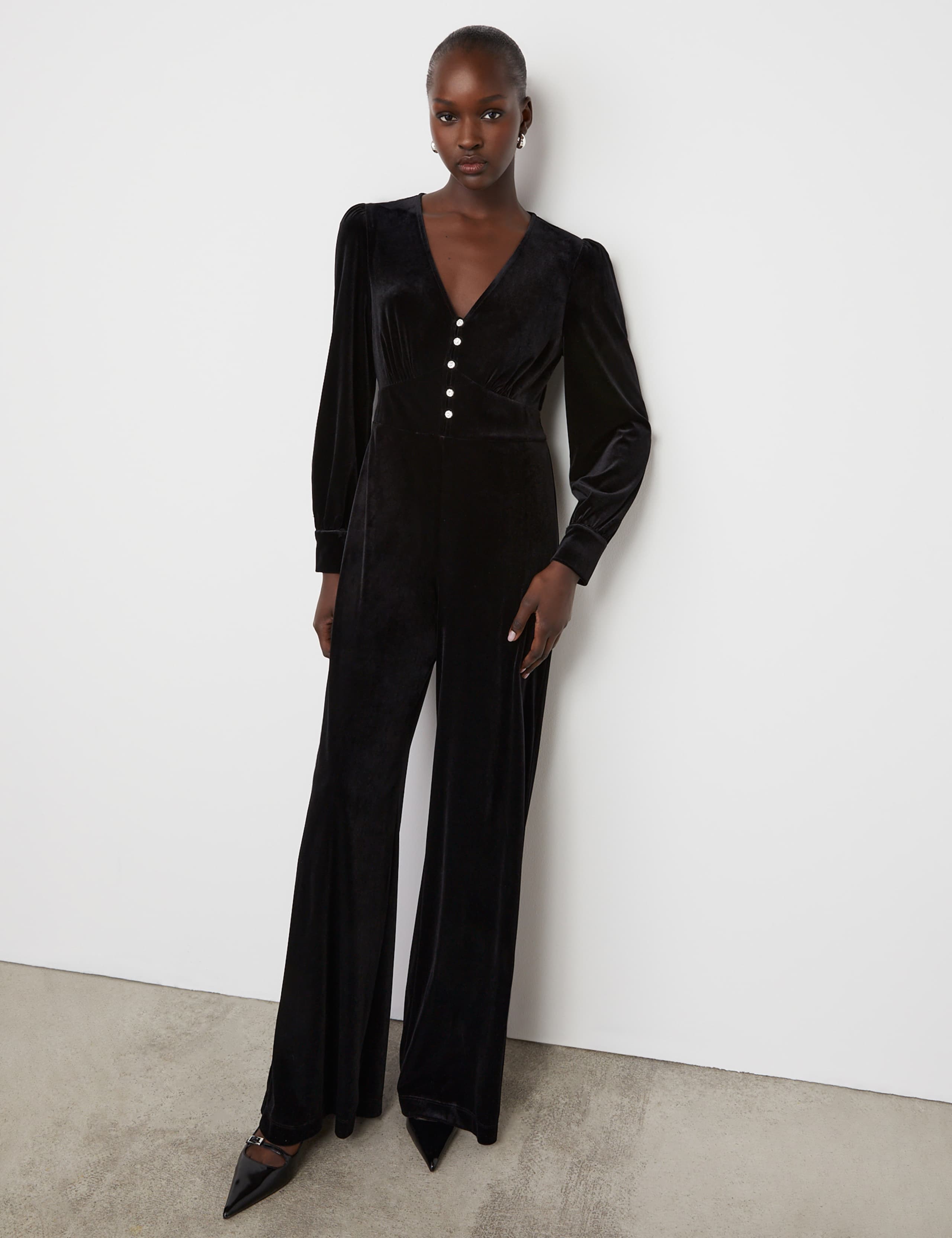Velvet Button Front Wide Leg Jumpsuit 2 of 4
