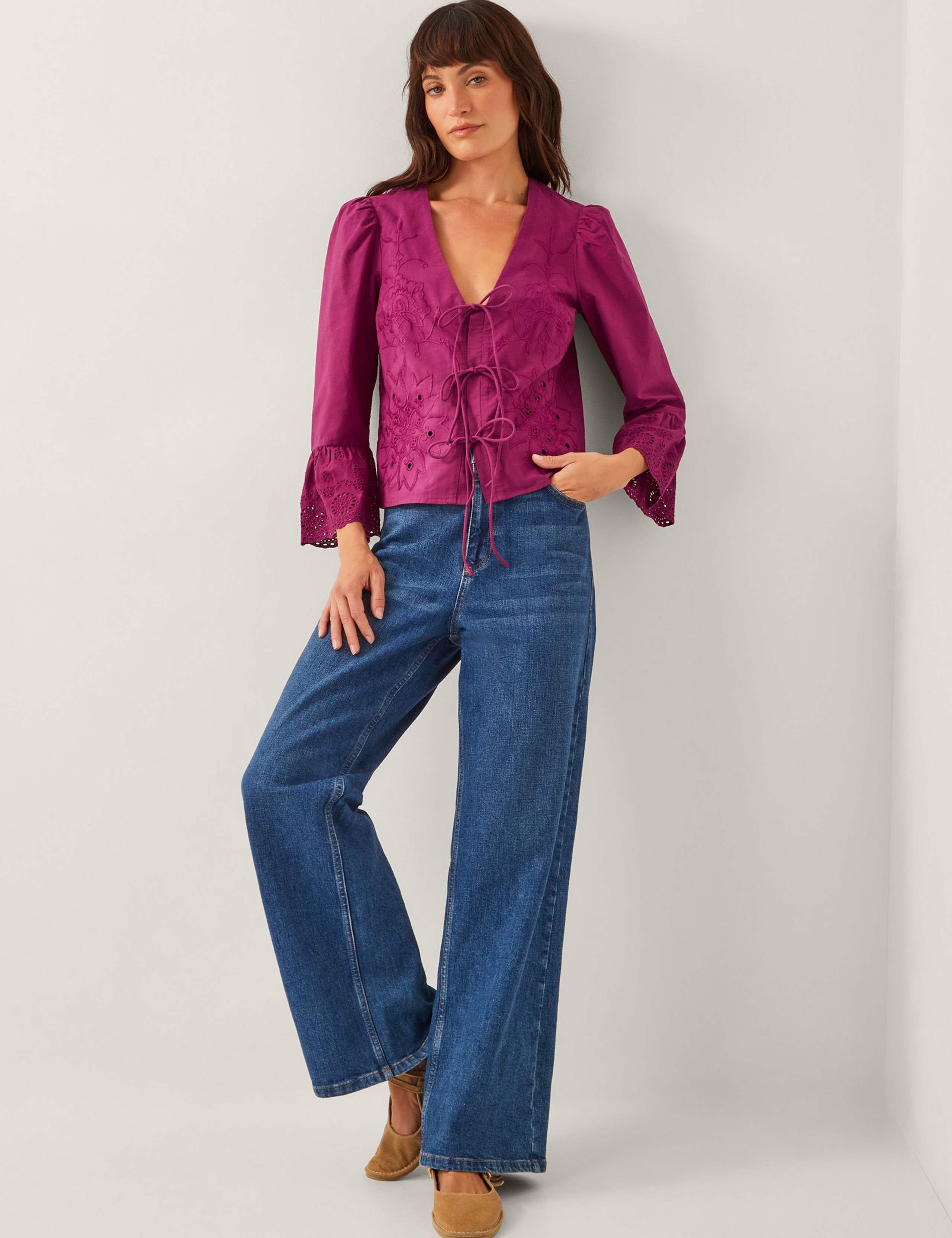 Pure Cotton Saoirse Broderie Tie Fastening Blouse 3 of 4