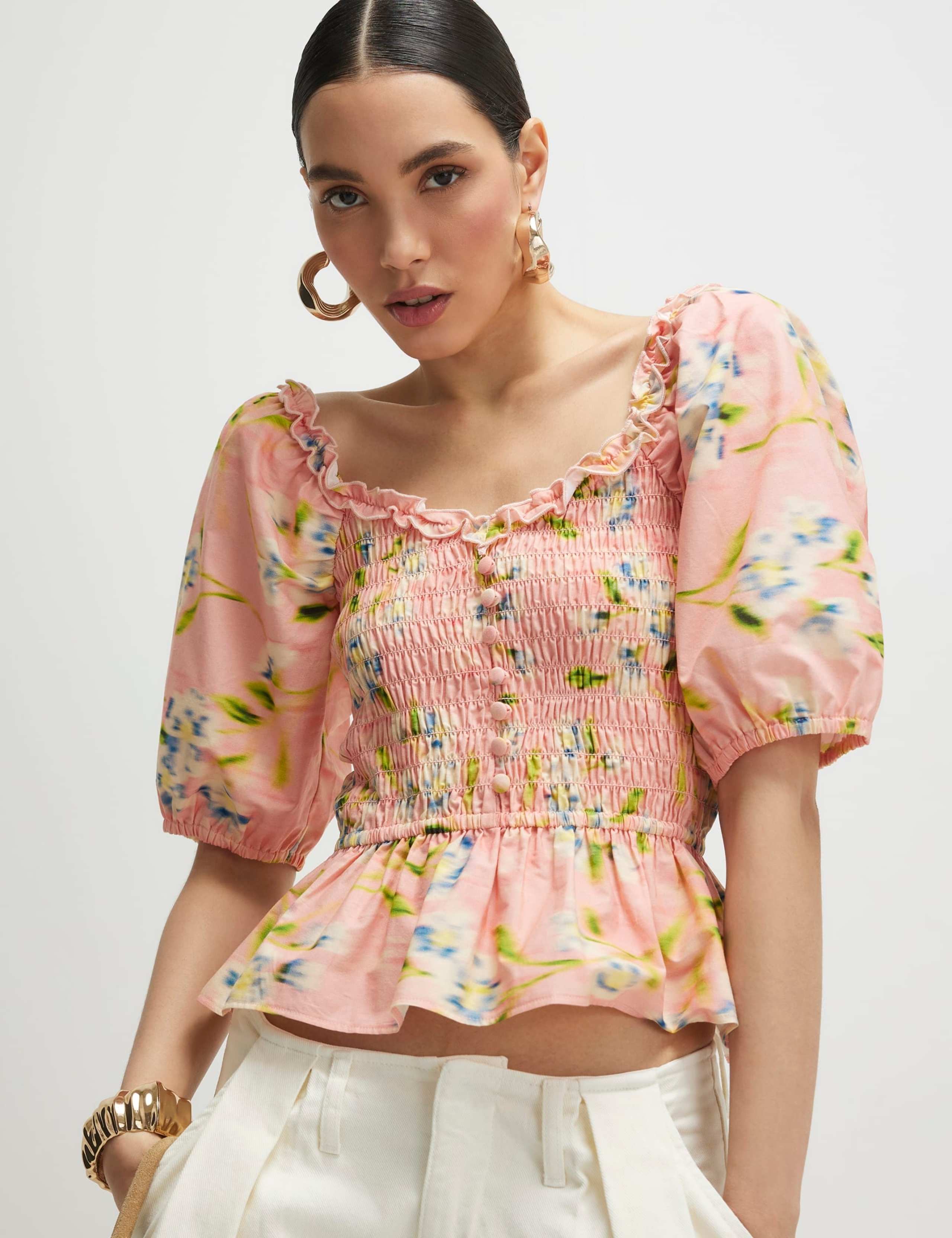 Pure Cotton Floral Shirred Puff Sleeve Top 1 of 4