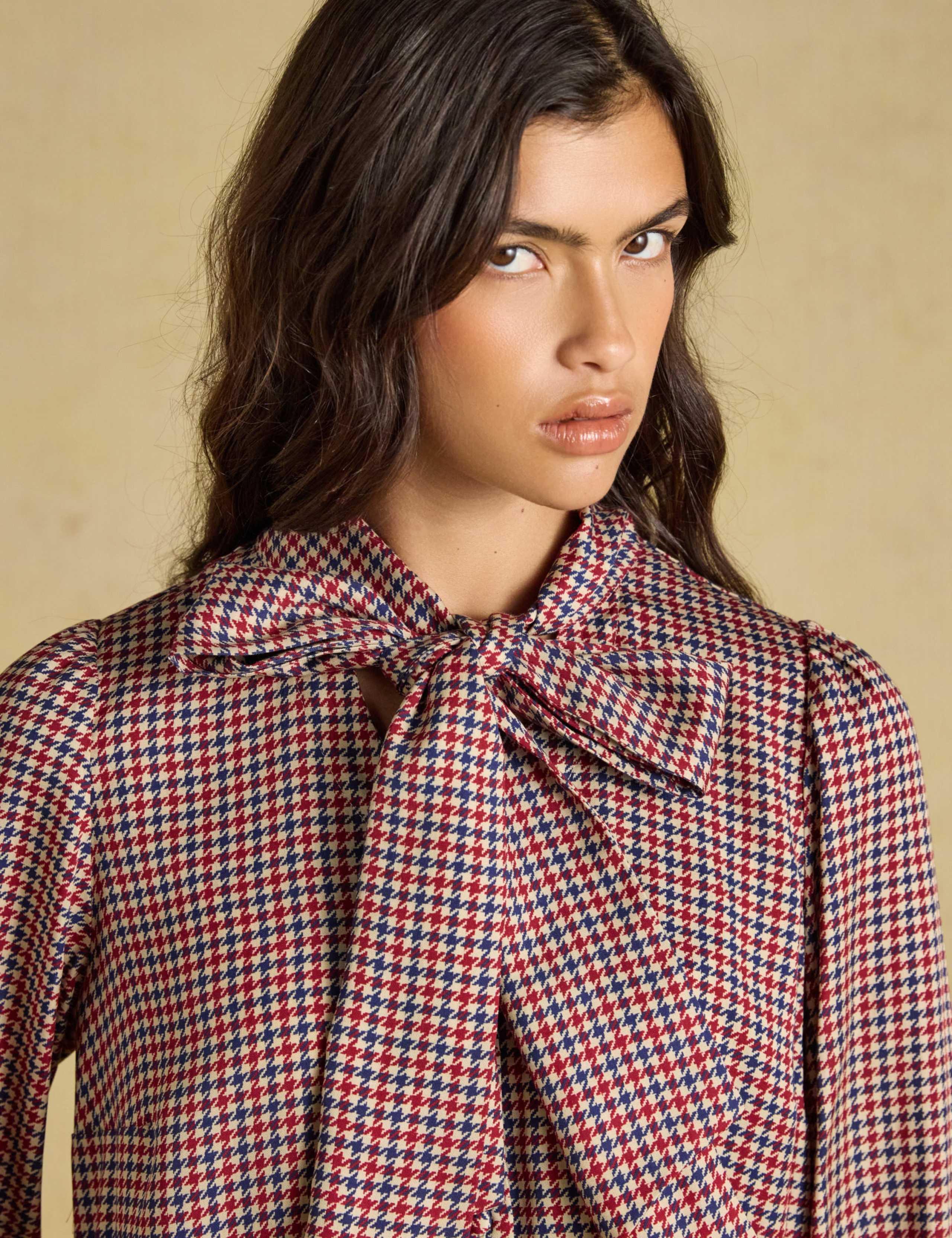 Lyocell Checked Tie Neck Blouse 2 of 8