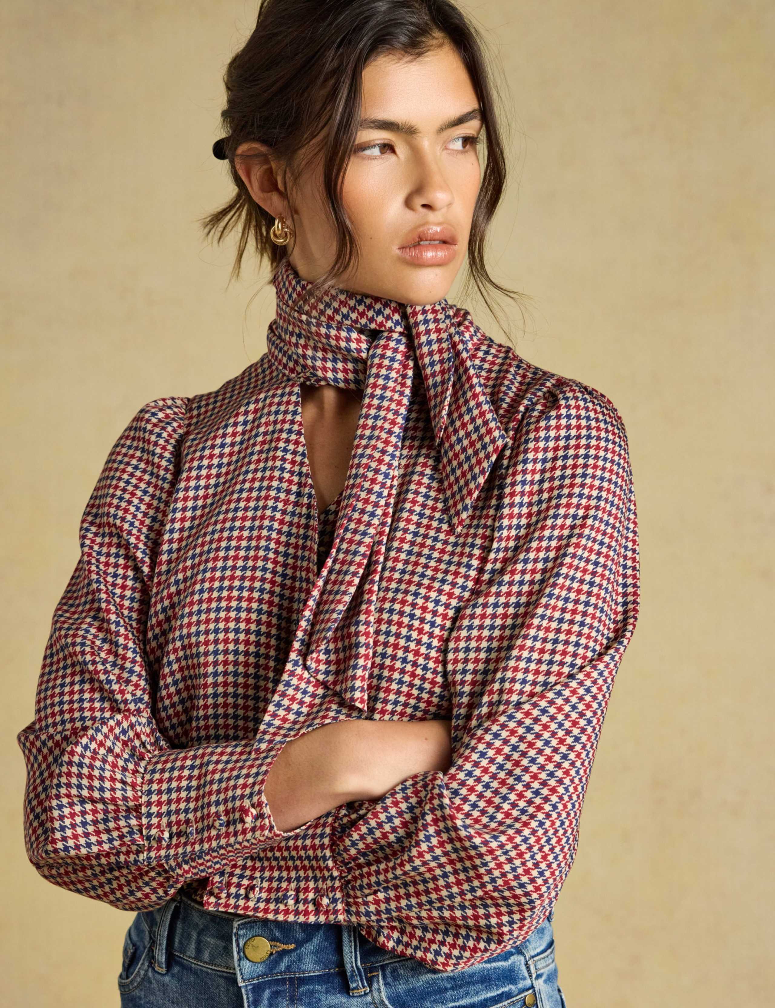 Lyocell Checked Tie Neck Blouse 5 of 8