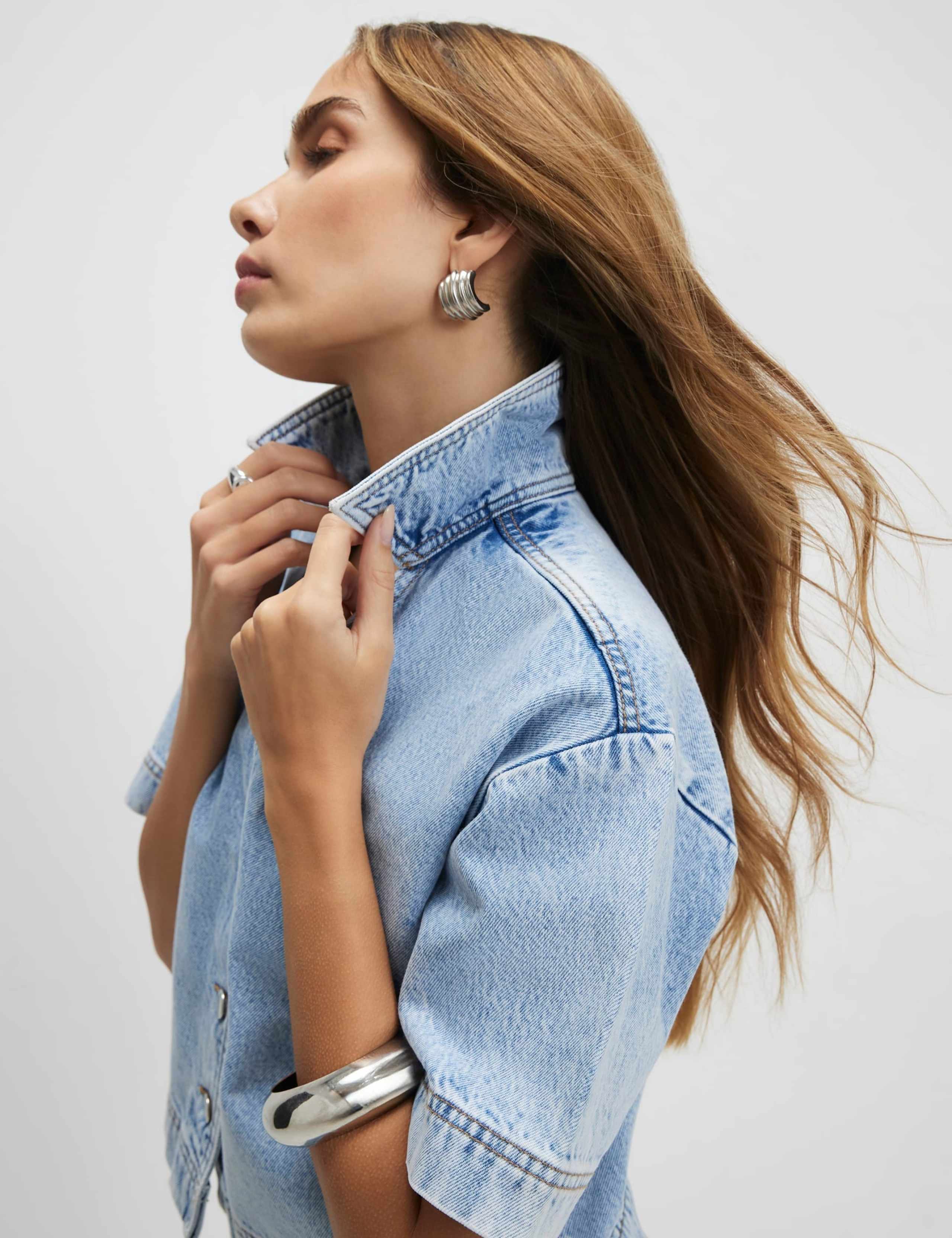 Denim Collared V-Neck Button Through Shirt 2 of 4