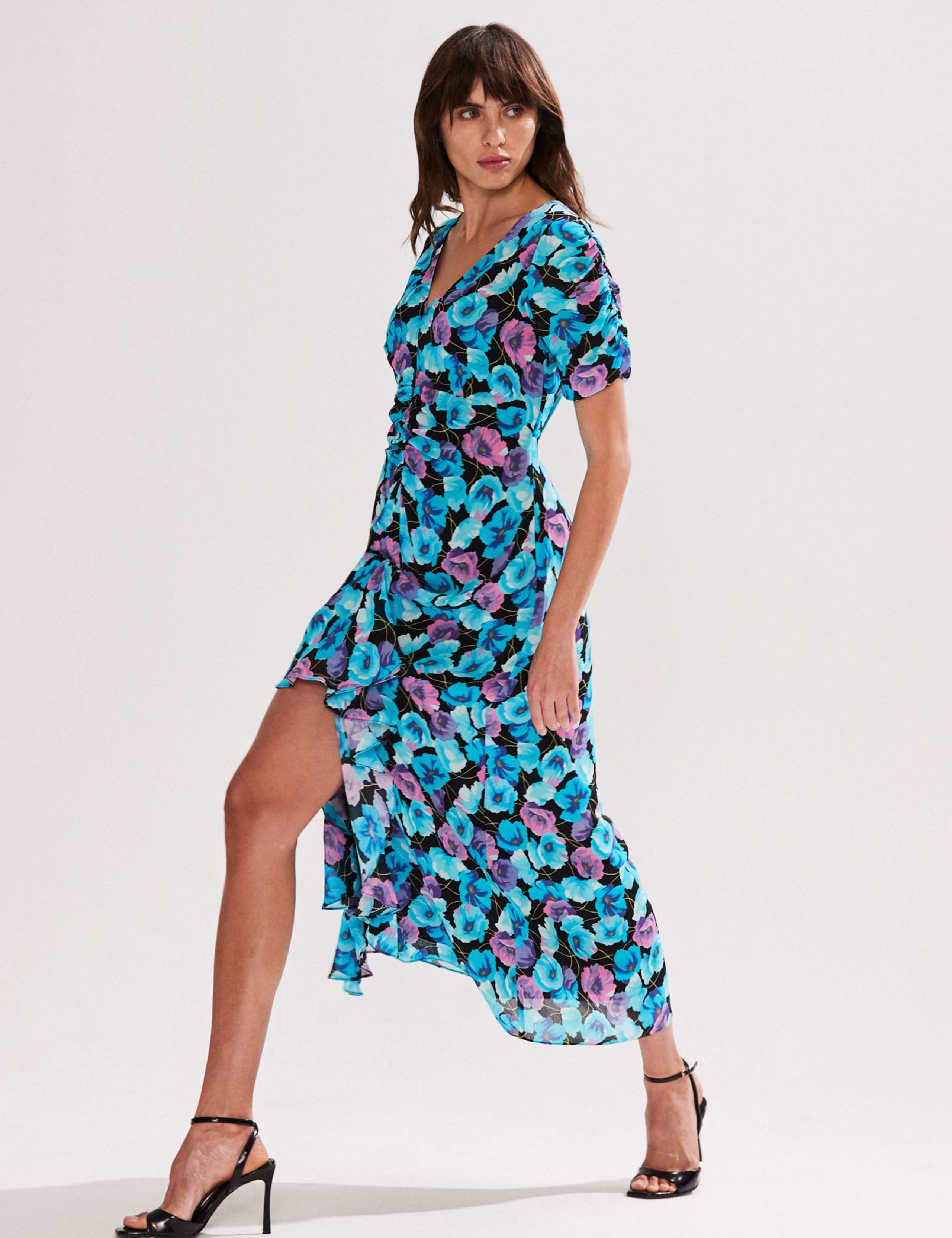 Floral V-Neck Frill Detail Midi Tea Dress 2 of 4