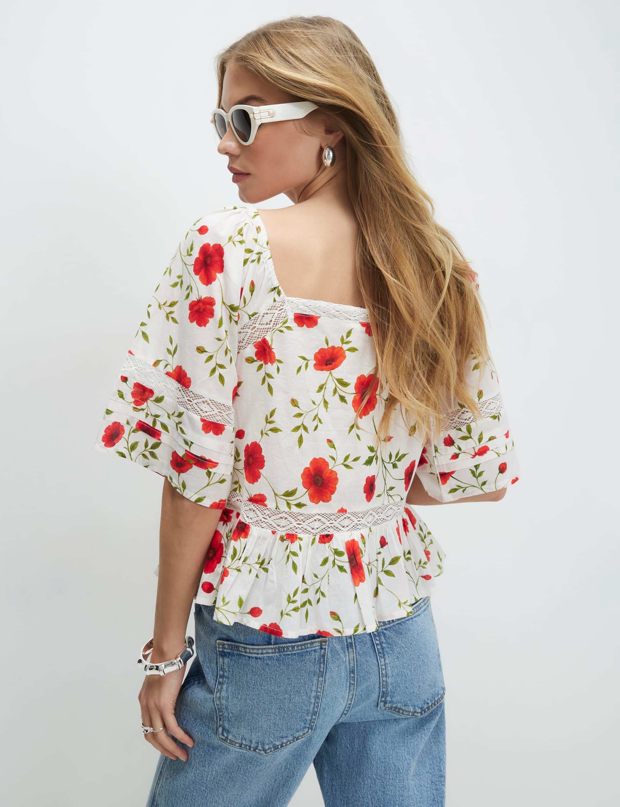 Pure Cotton Floral Relaxed Peplum Blouse 3 of 4