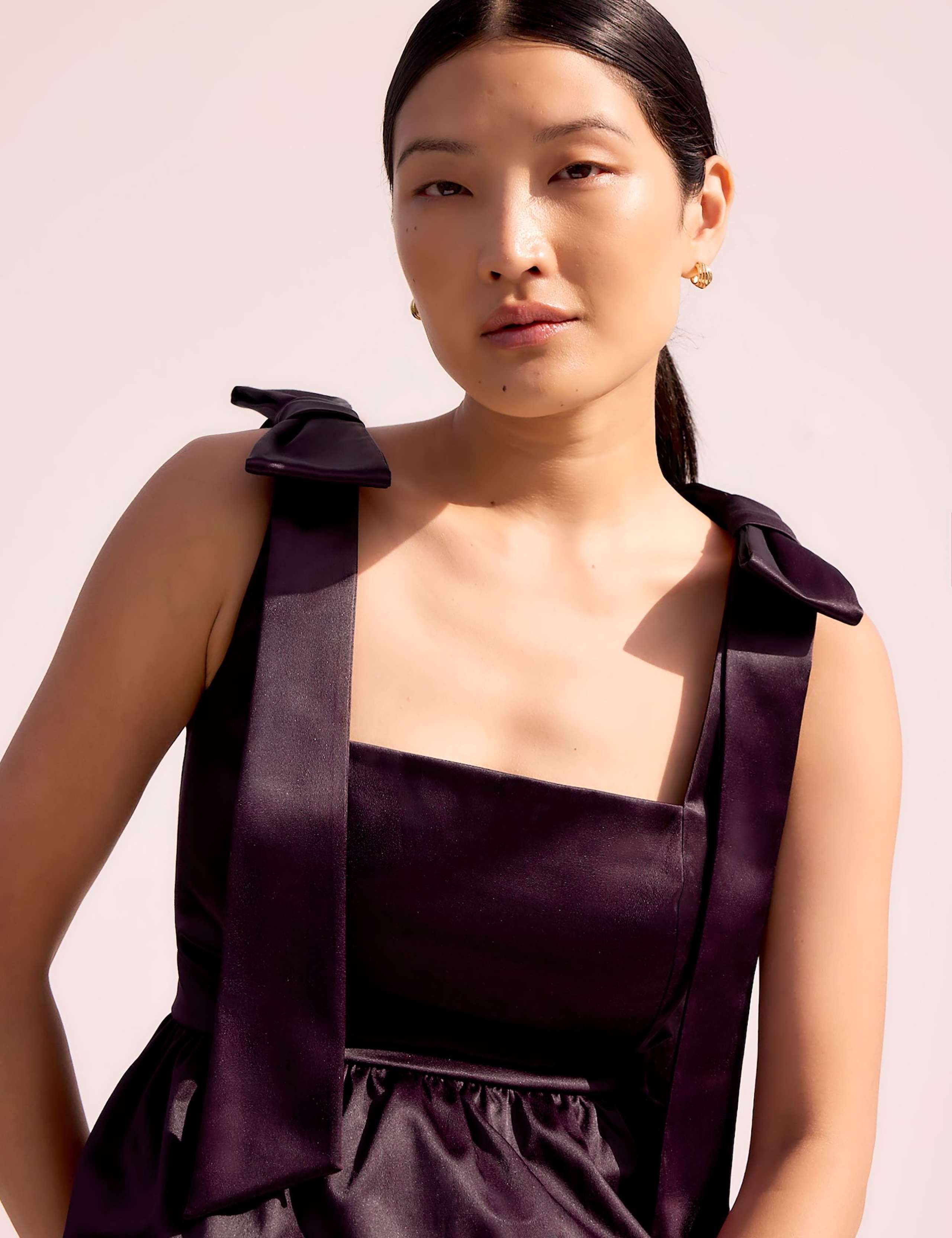Satin Square Neck Bow Detail Peplum Top 2 of 3