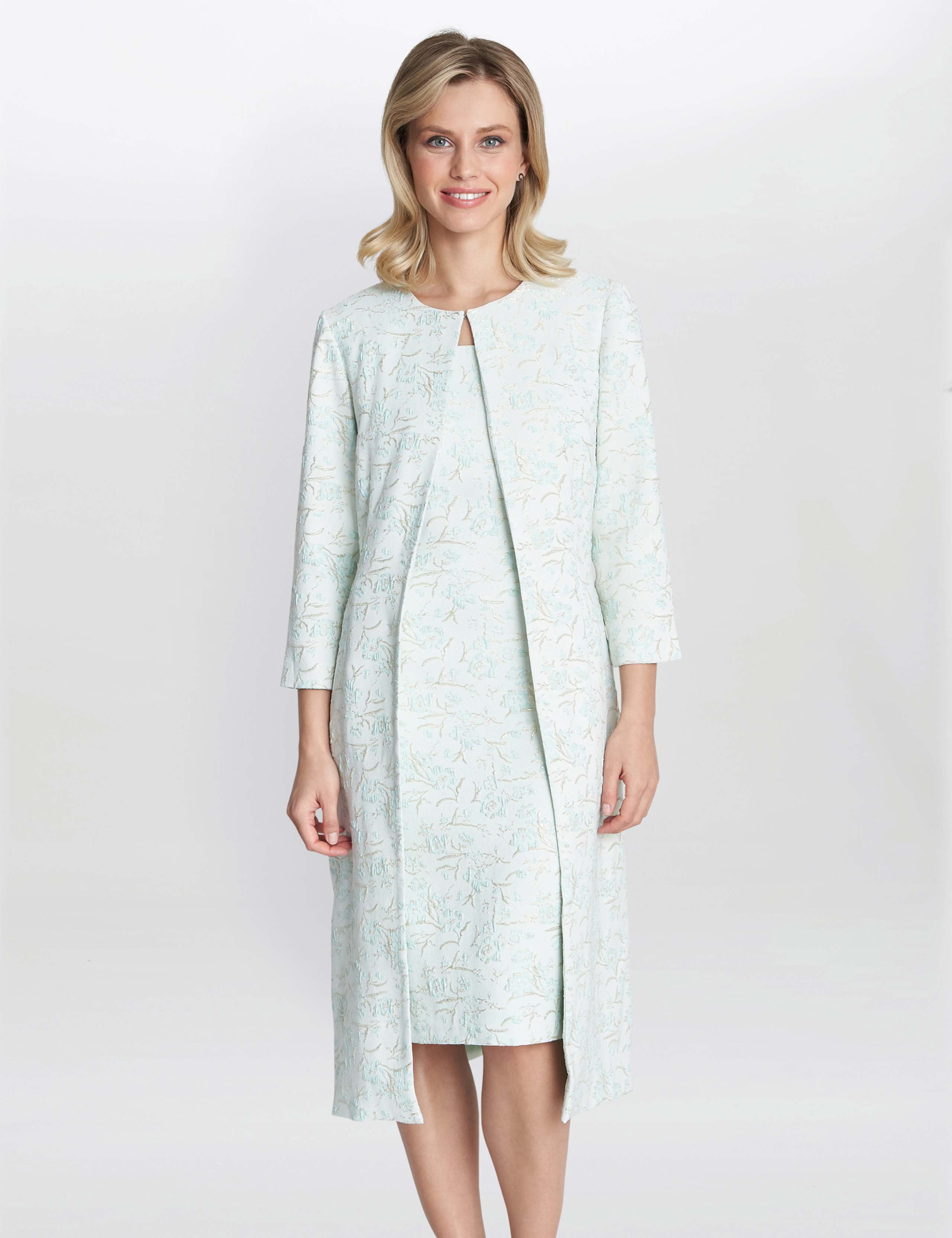 Jacquard Round Neck Shift Dress with Coat 1 of 6