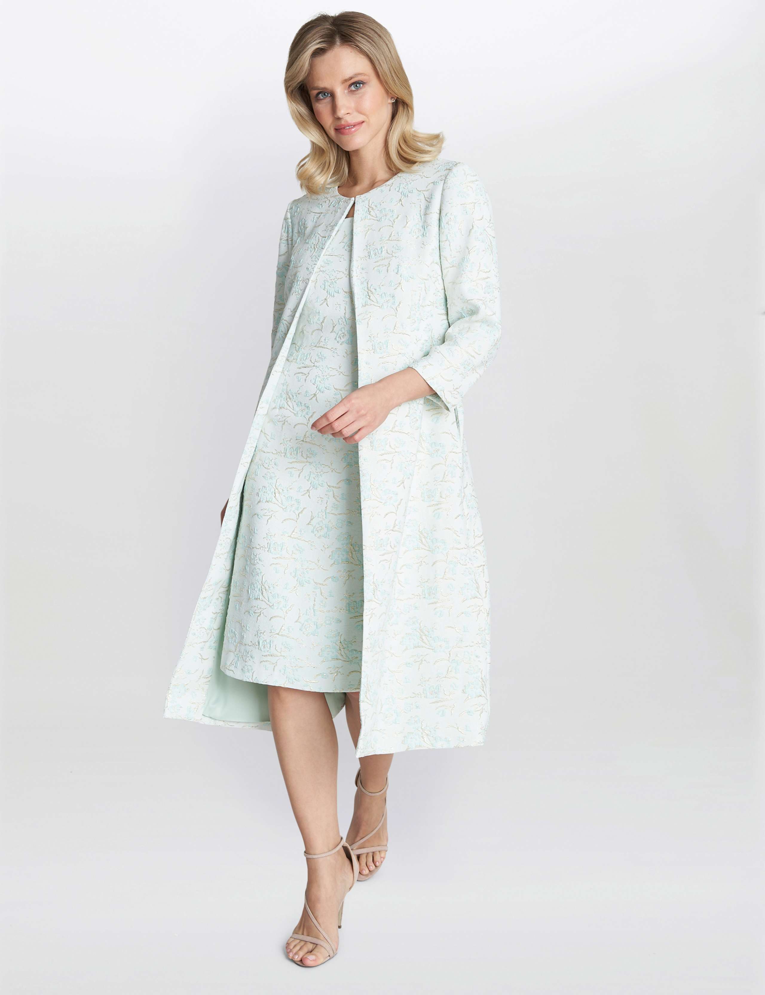 Jacquard Round Neck Shift Dress with Coat 4 of 6