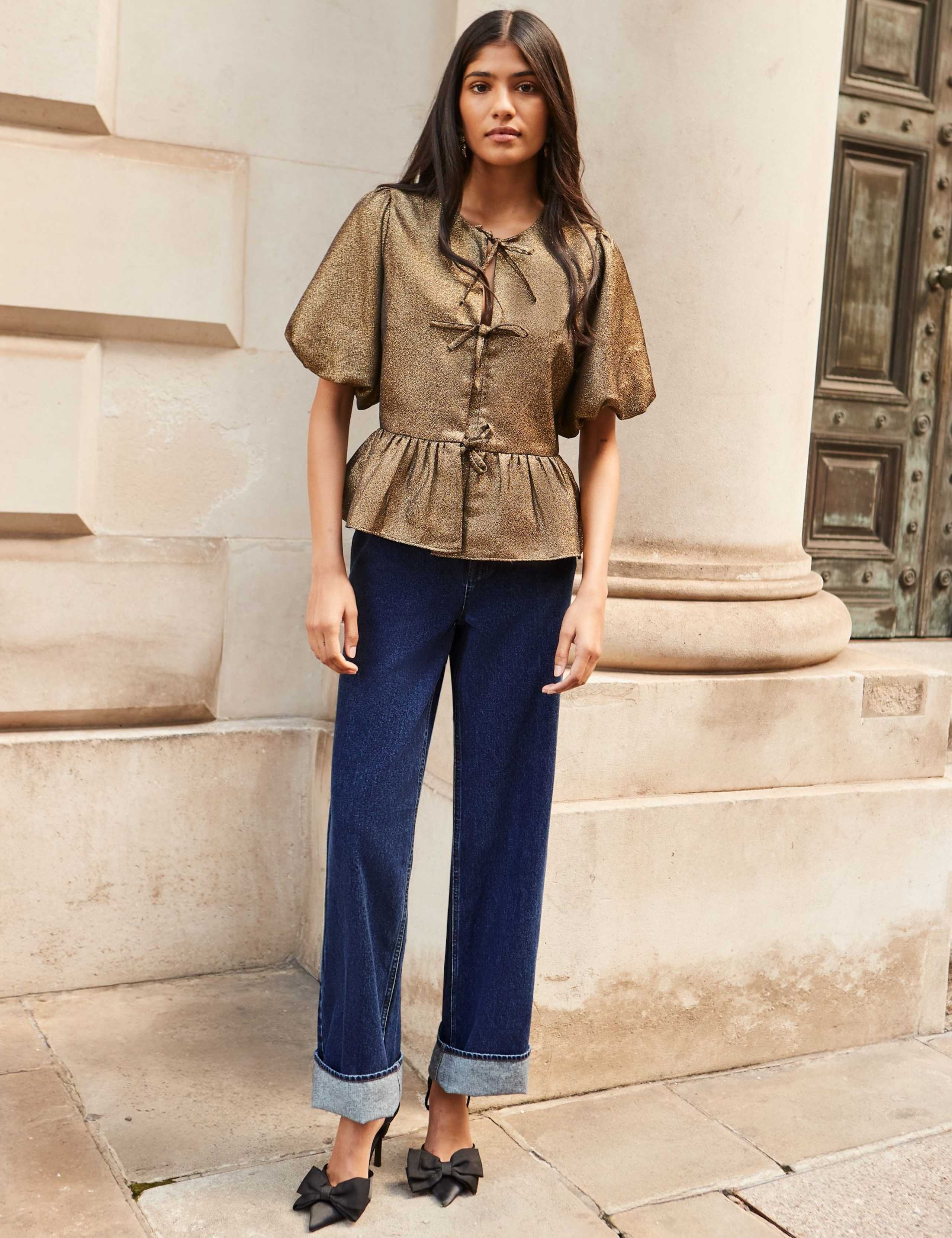 Sparkly Tie Front Puff Sleeve Peplum Top 2 of 4