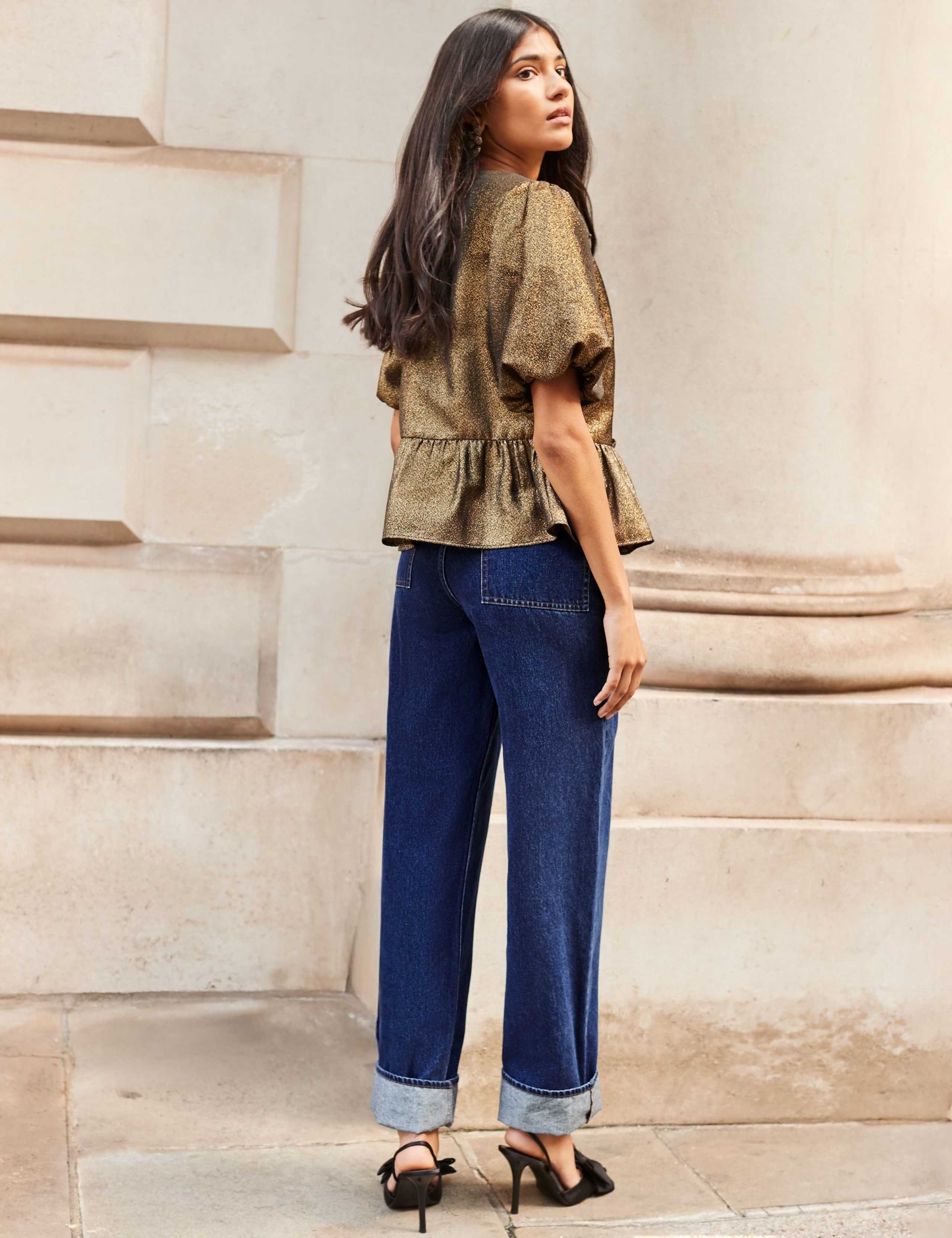 Sparkly Tie Front Puff Sleeve Peplum Top 3 of 4