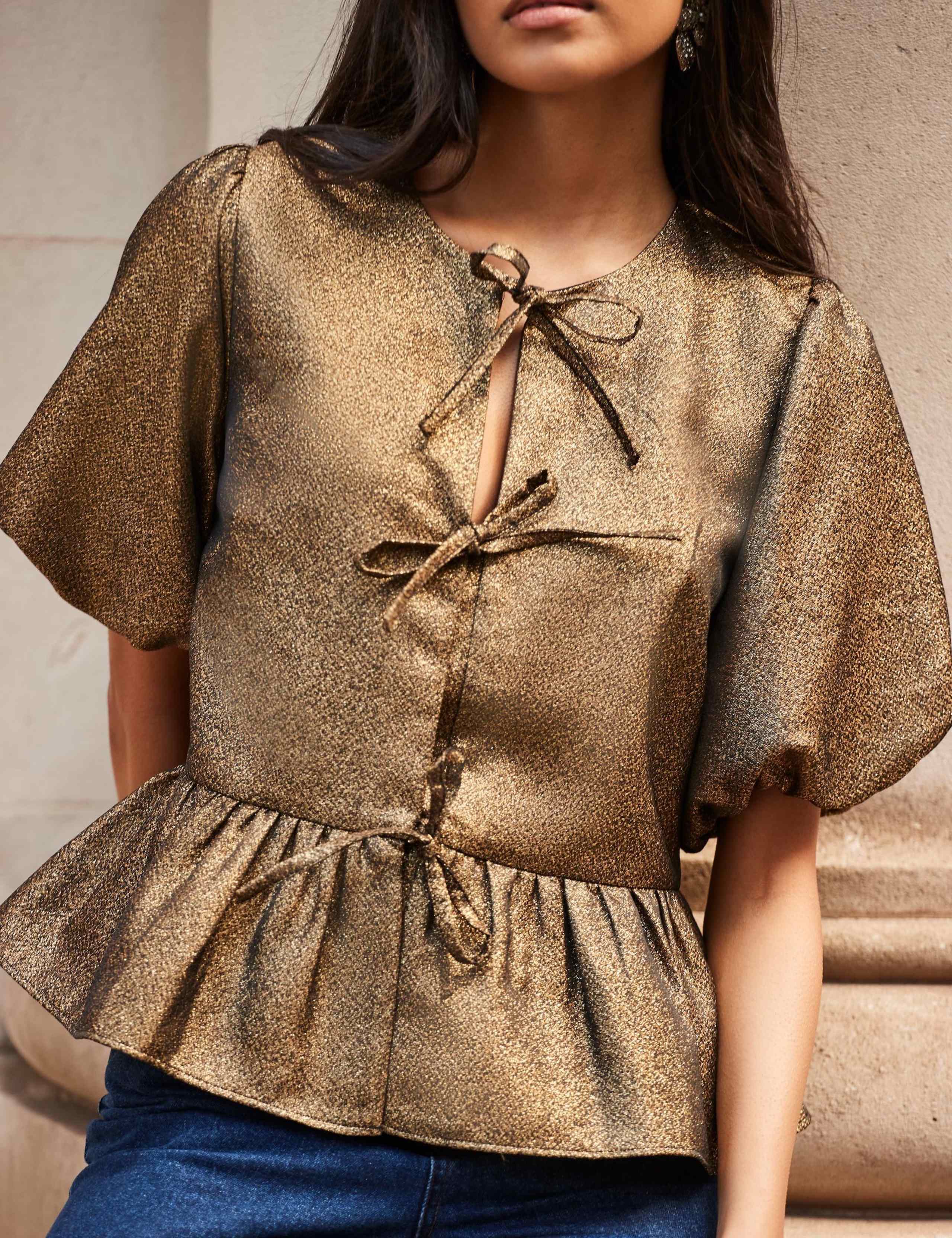 Sparkly Tie Front Puff Sleeve Peplum Top 4 of 4