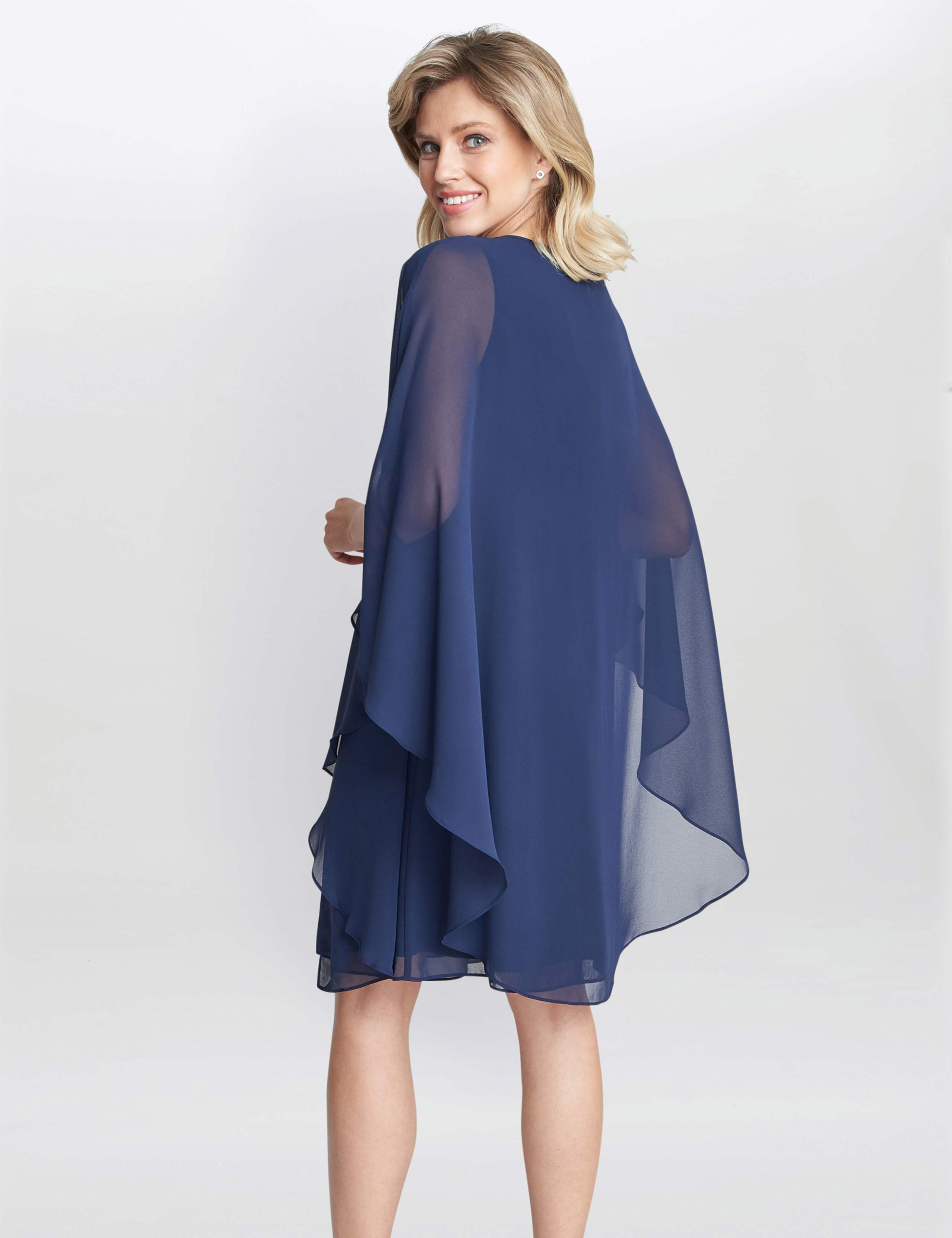 Chiffon Embellished Shift Dress with Cape 3 of 6