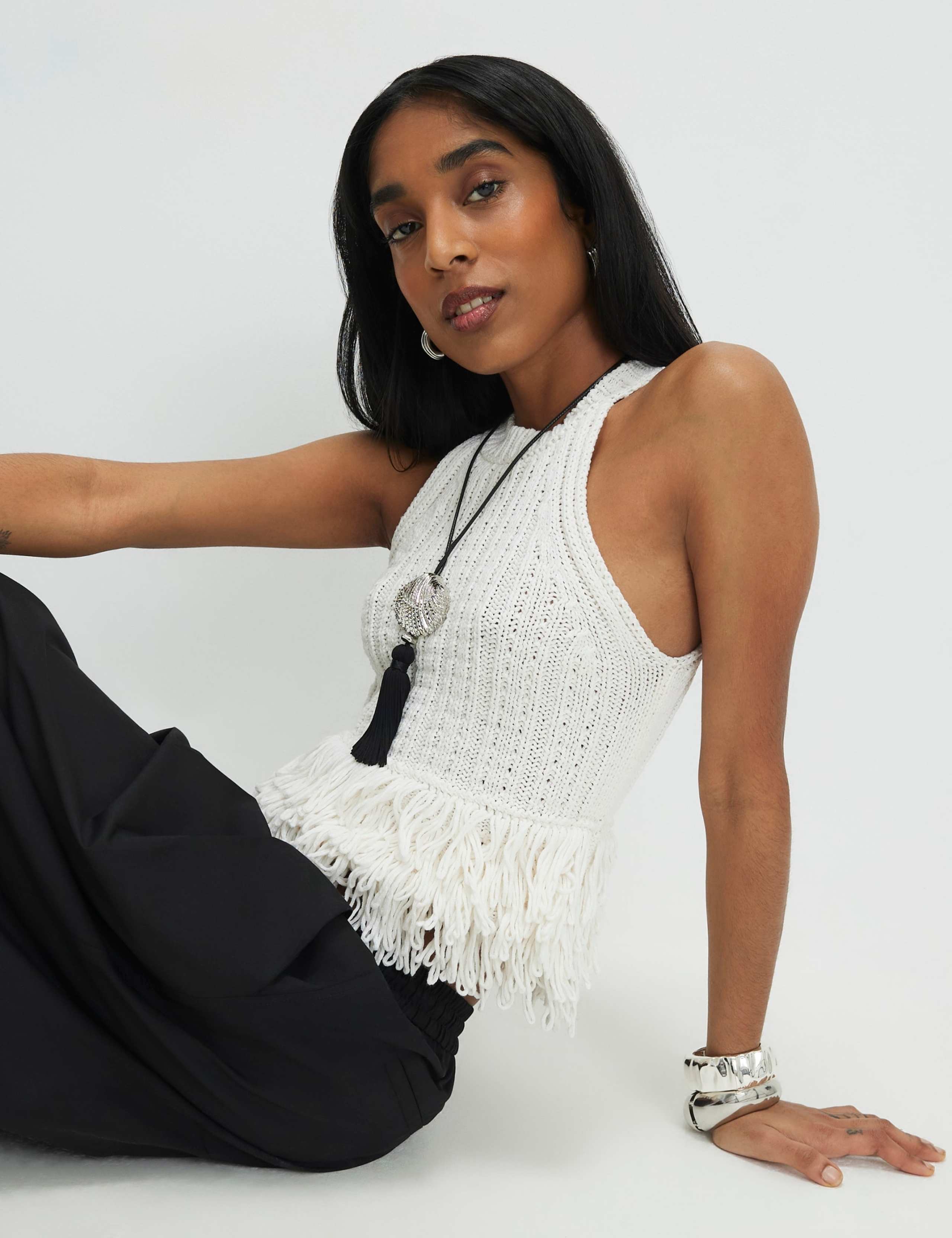 Cotton Blend Fringe Fitted Knitted Vest 2 of 4